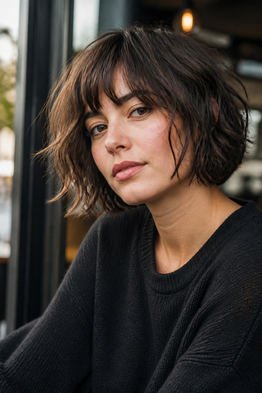 Close-up of a real woman with a messy French bob