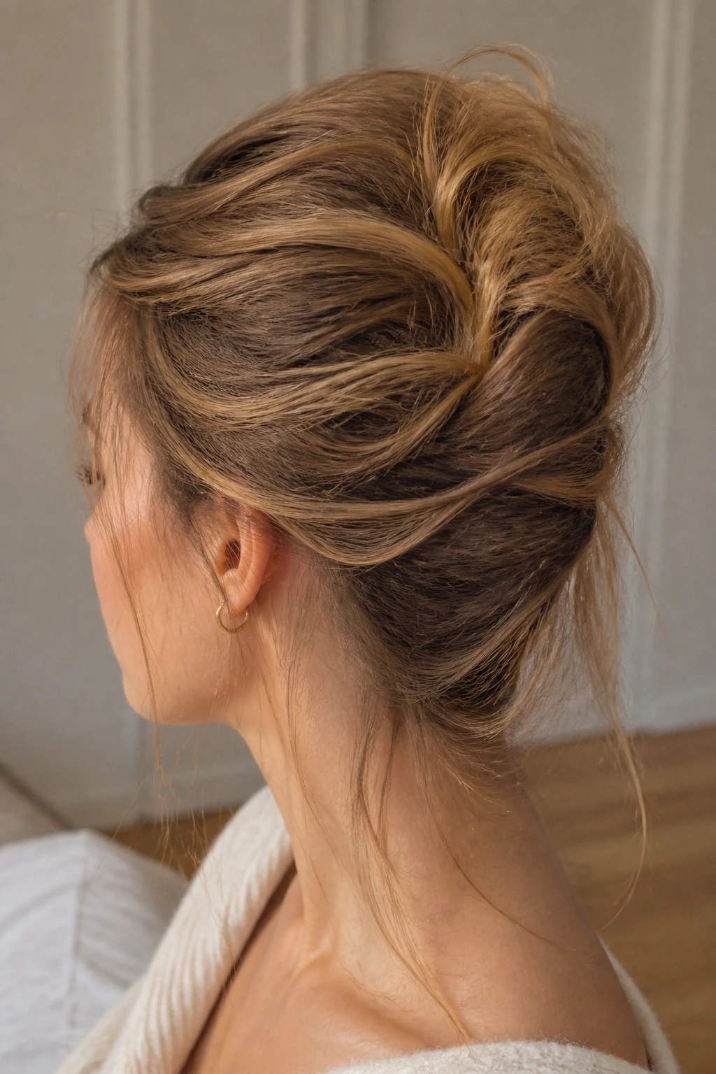Girl with a tall, messy French twist hairstyle.