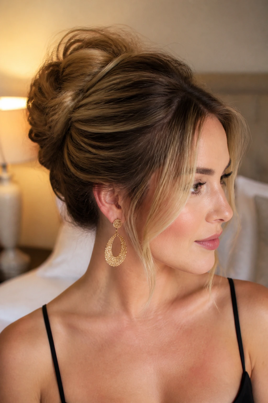 Close-up of a real woman with a messy French twist and bright front money pieces
