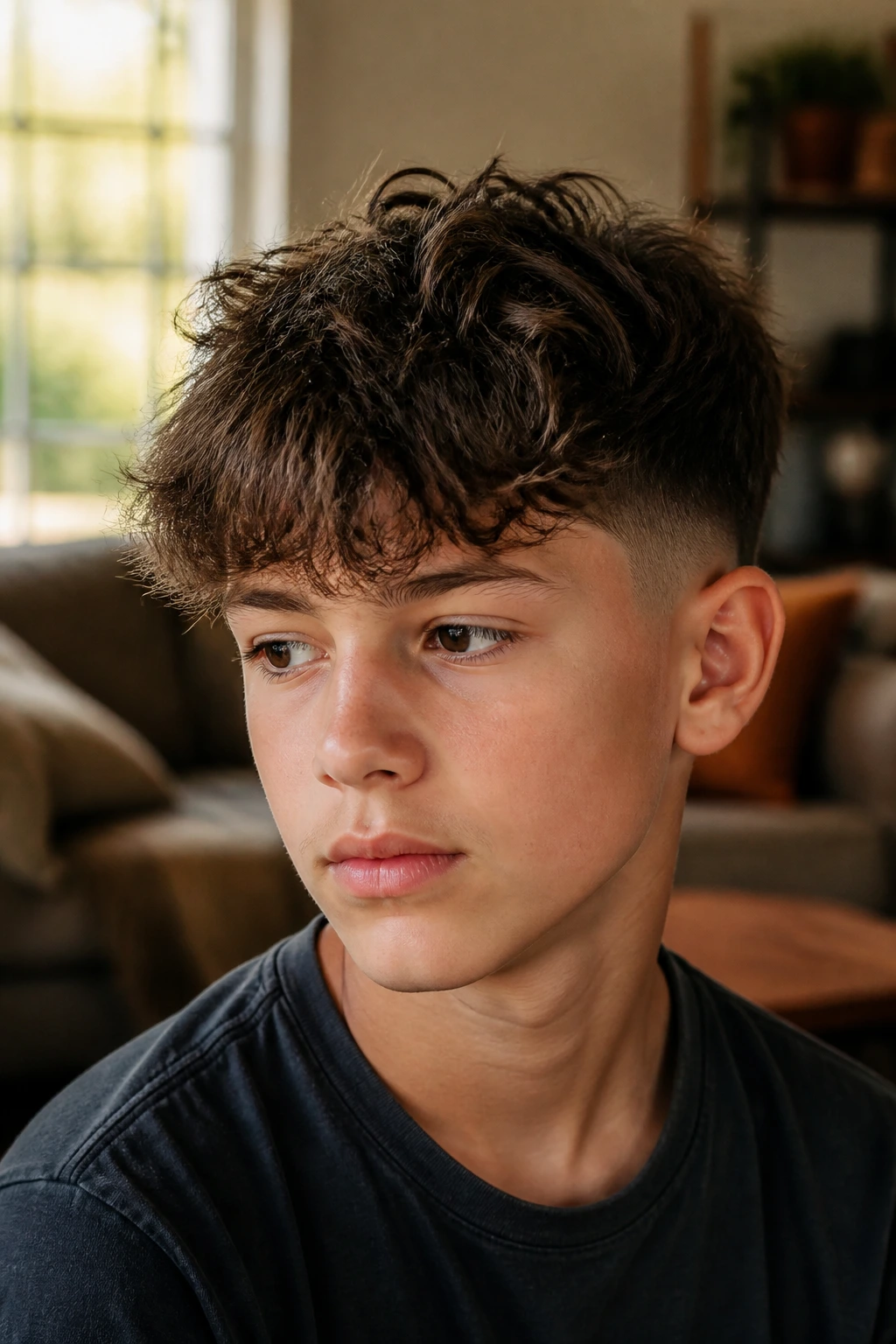 Close-up of a boy's head with textured messy fringe and low fade