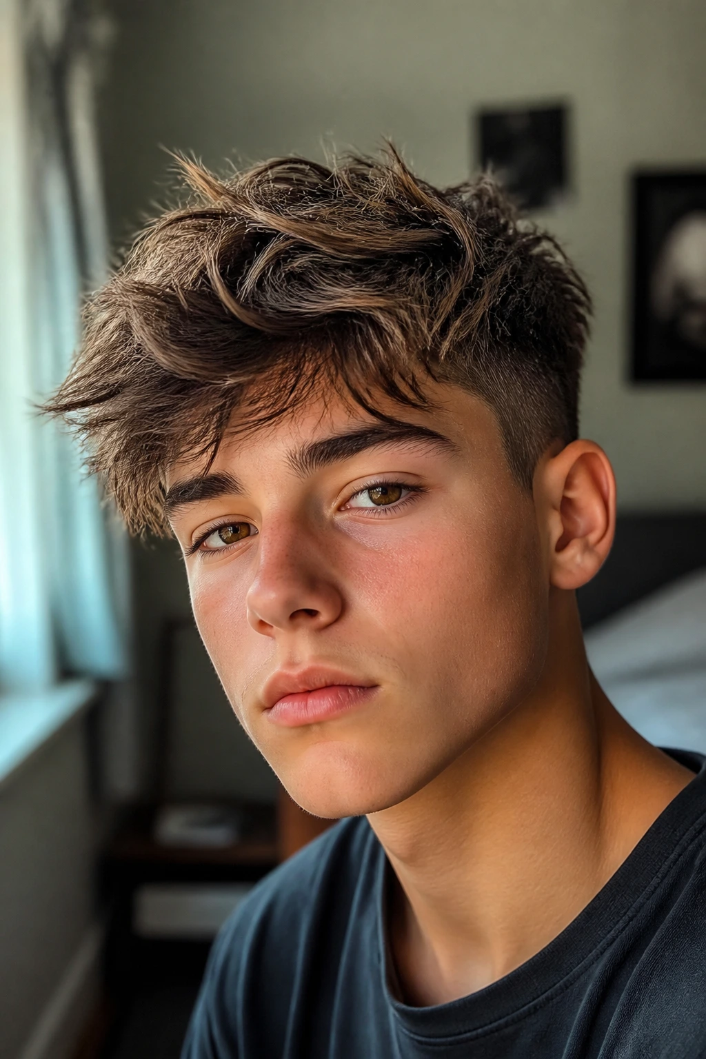 Close-up portrait of a real boy with a messy fringe quiff in natural light