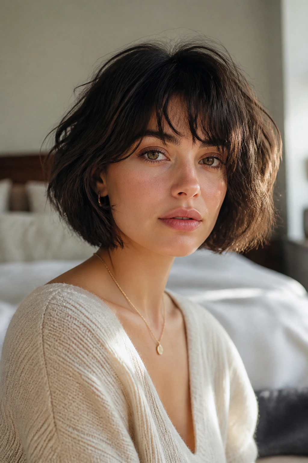 Close-up portrait of a real woman with messy bedhead French bob, textured and slightly tousled.