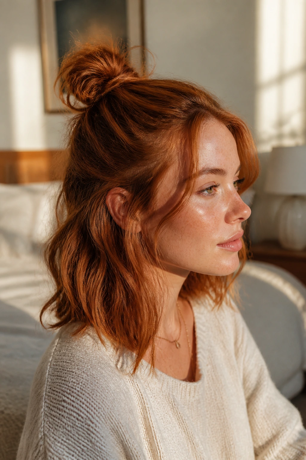 Close-up of a real woman with a messy half bun on red hair