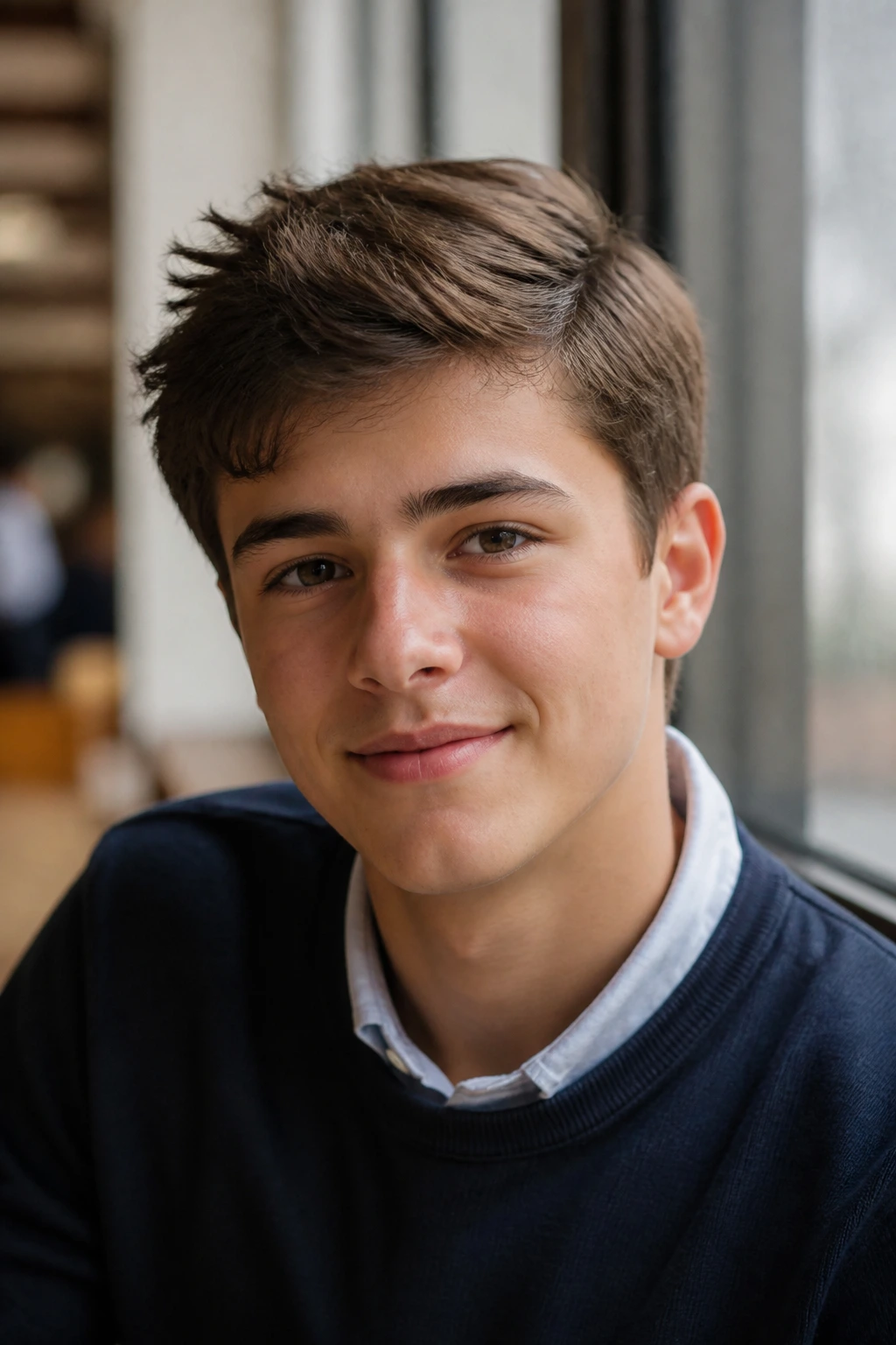 Boy with messy Ivy League haircut in soft window light