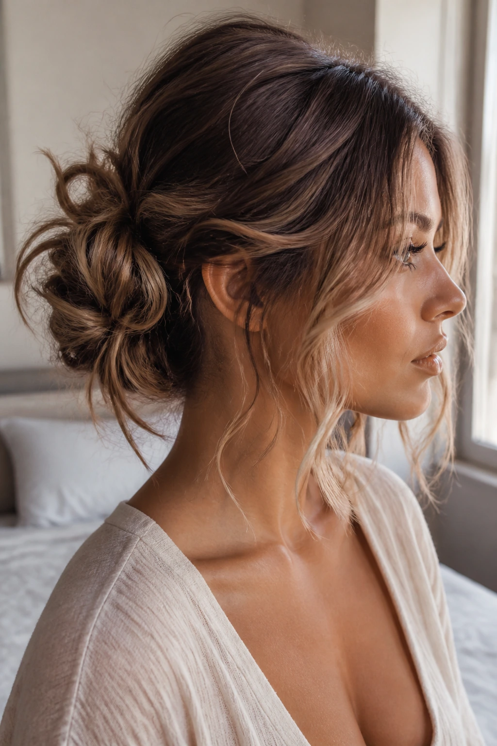 Close-up of real woman with a low messy knot bun and loose tendrils