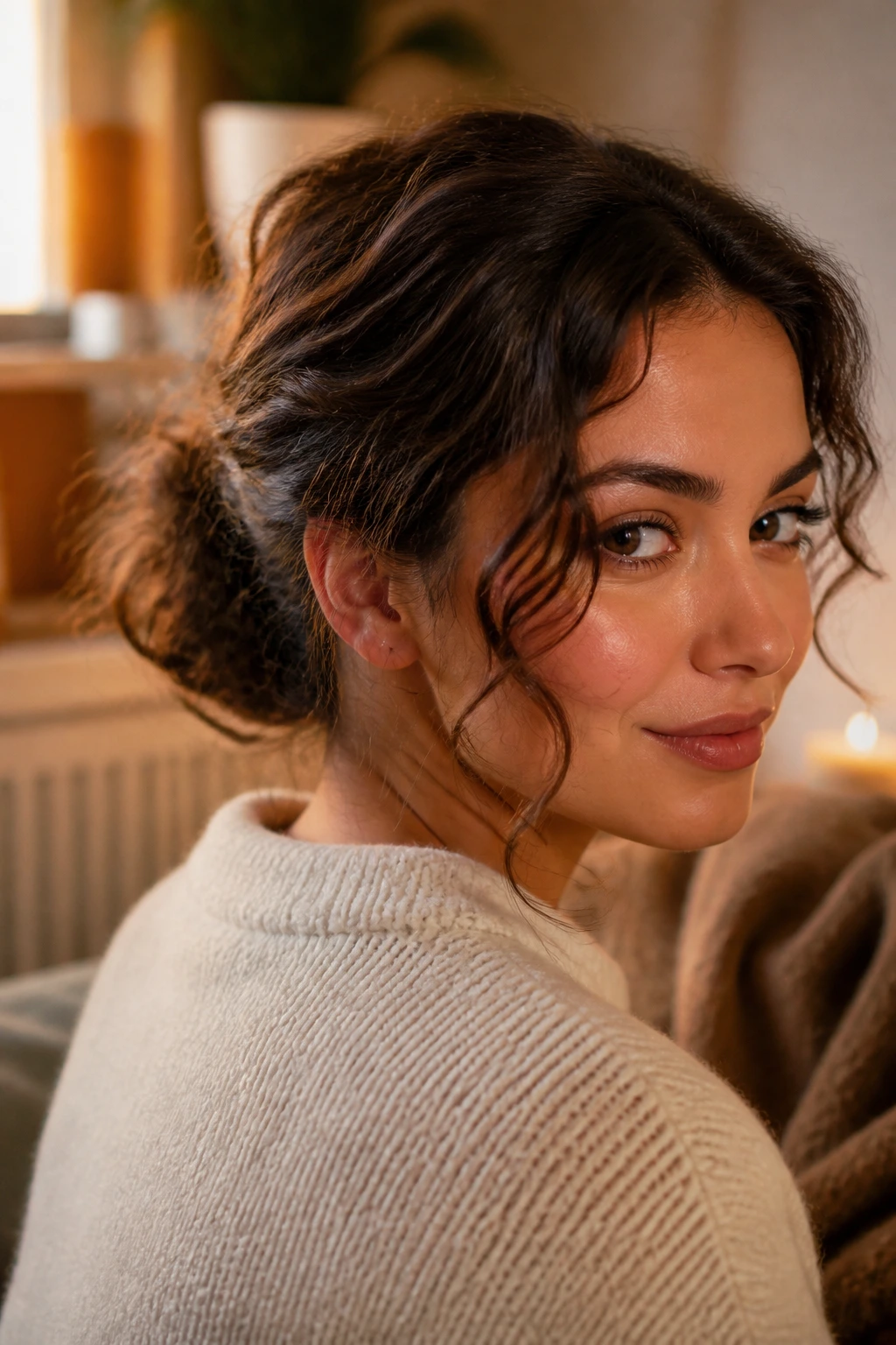 Real woman with a loose knot and face-framing curls in a cozy indoor setting.