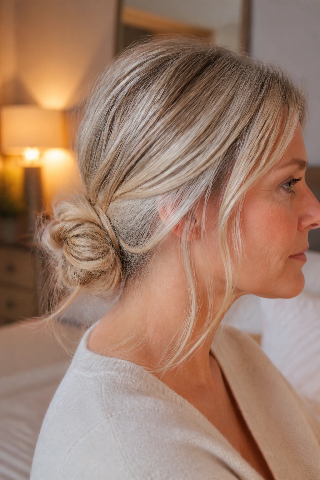 Close-up of a real woman wearing a controlled messy knot at the nape