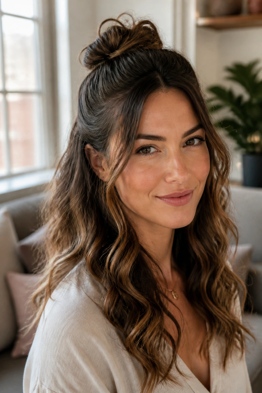 Close-up portrait of a real woman with a messy knot half-up and textured waves
