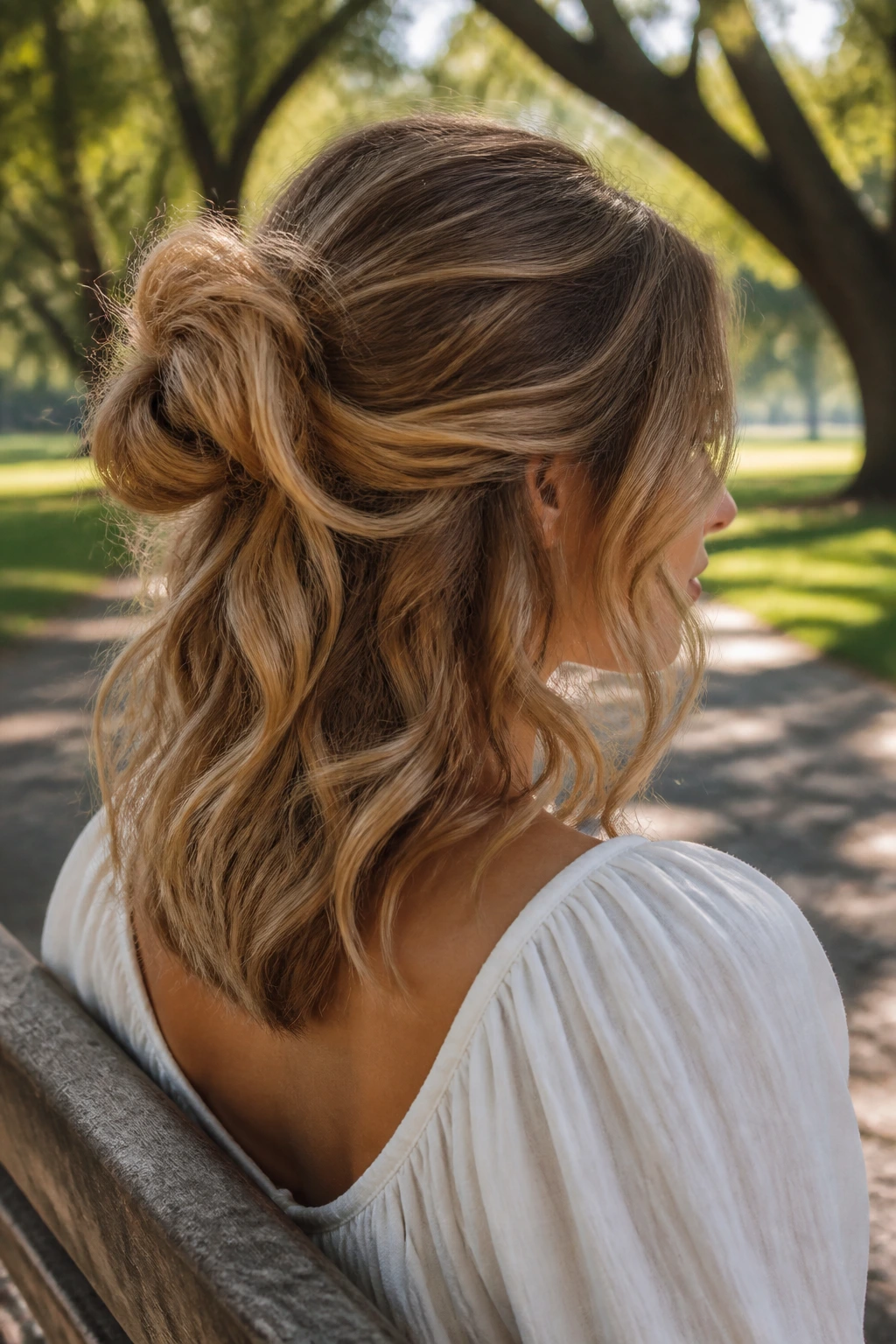 Back view of a real person with a loose knot and surrounding waves.