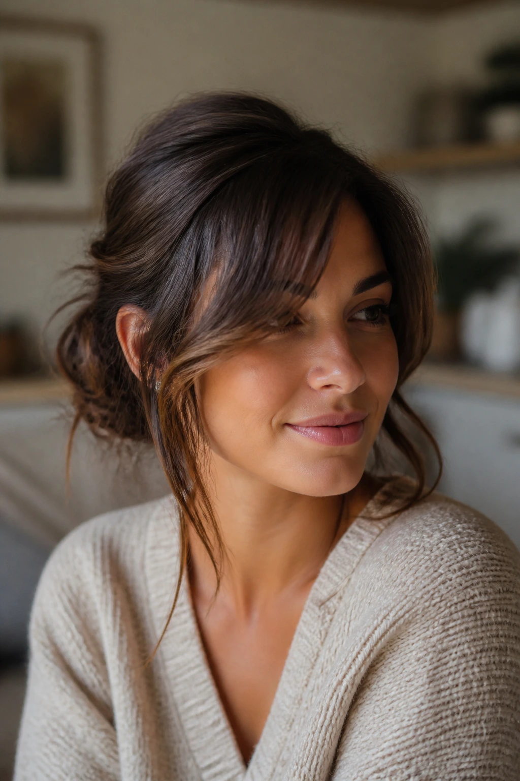 Close-up of a woman with a messy low bun and face-framing bend
