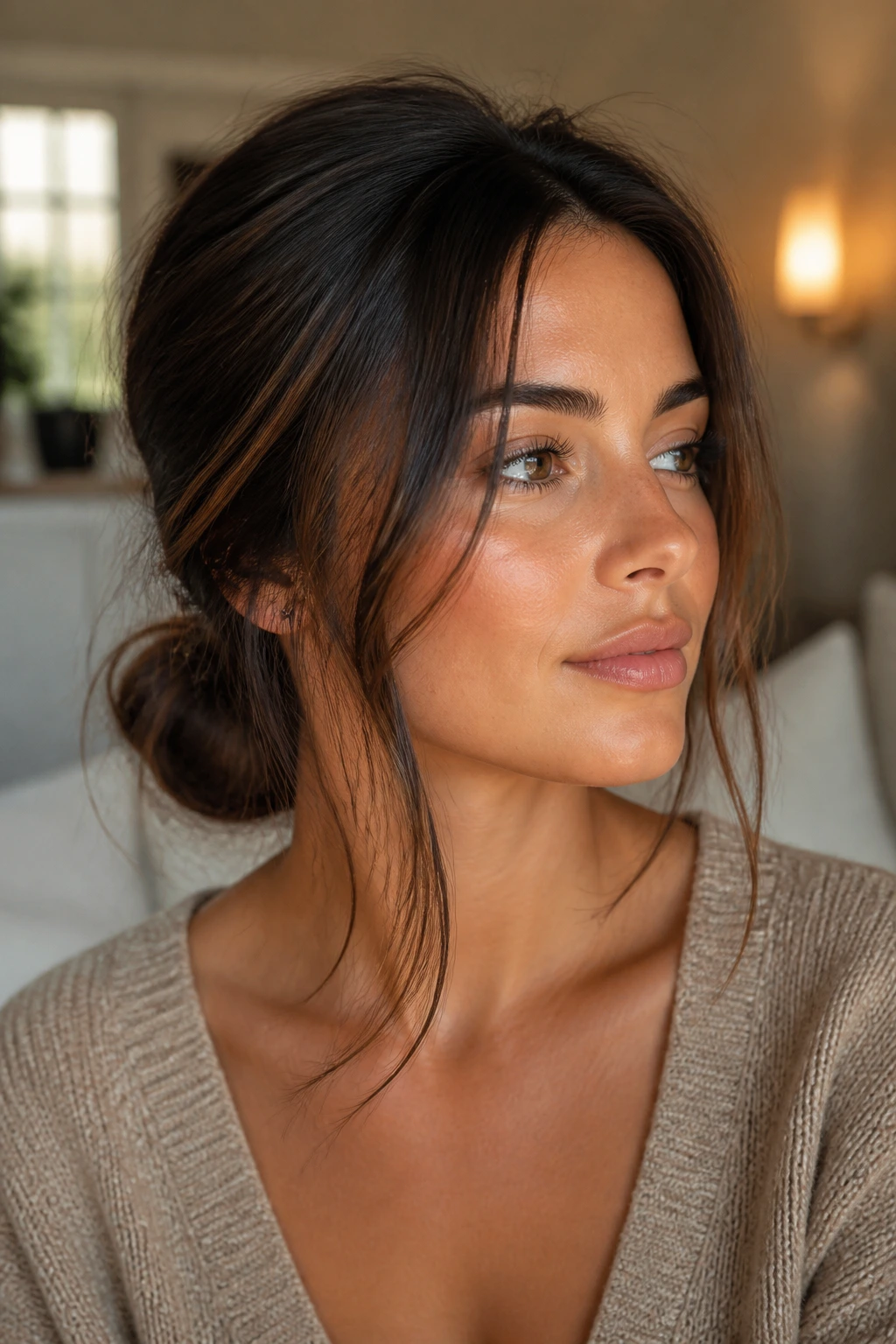 Real woman with a messy low bun and long front pieces, portrait shot.