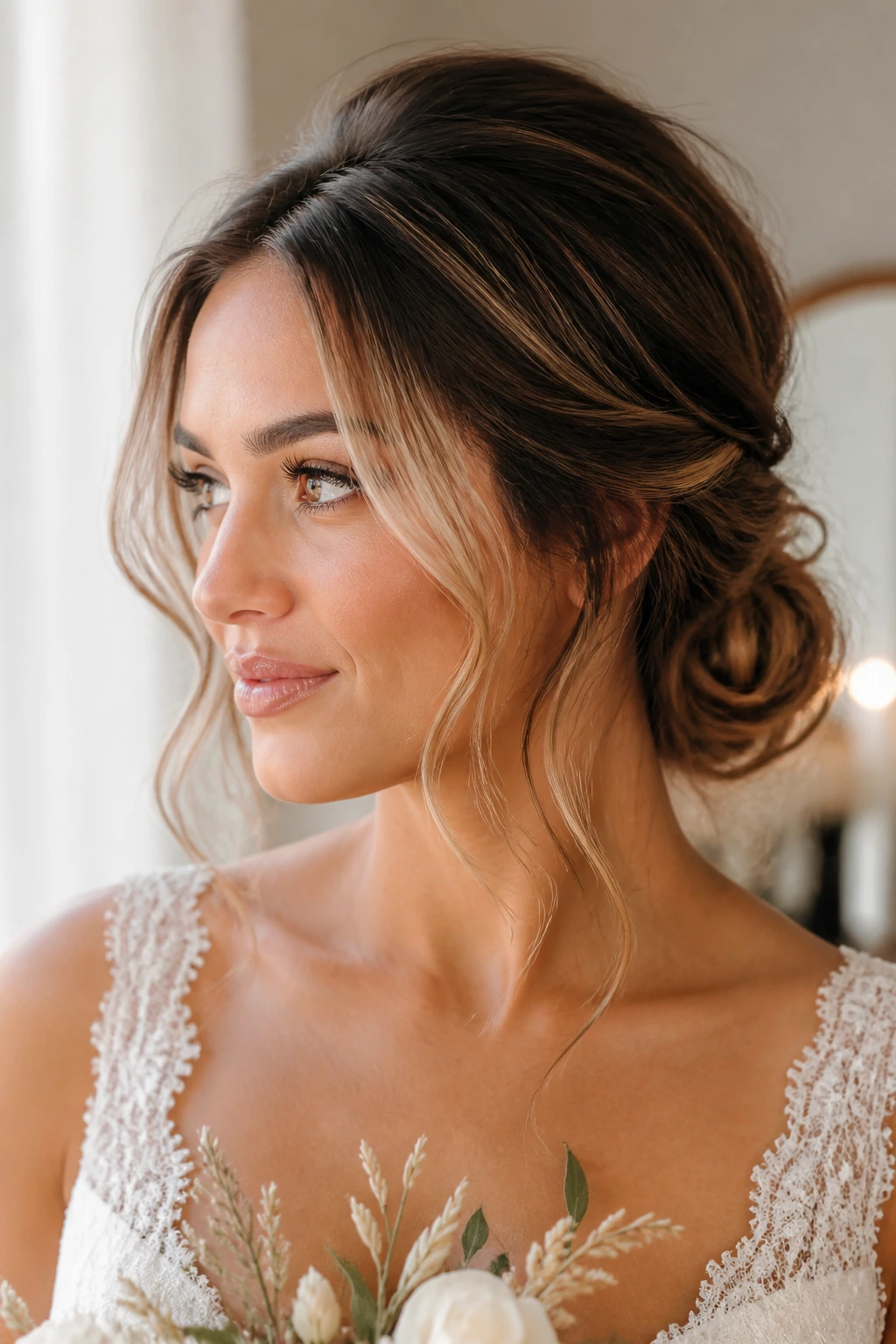 Close-up of a real bride with a messy low bun and money piece framing the face