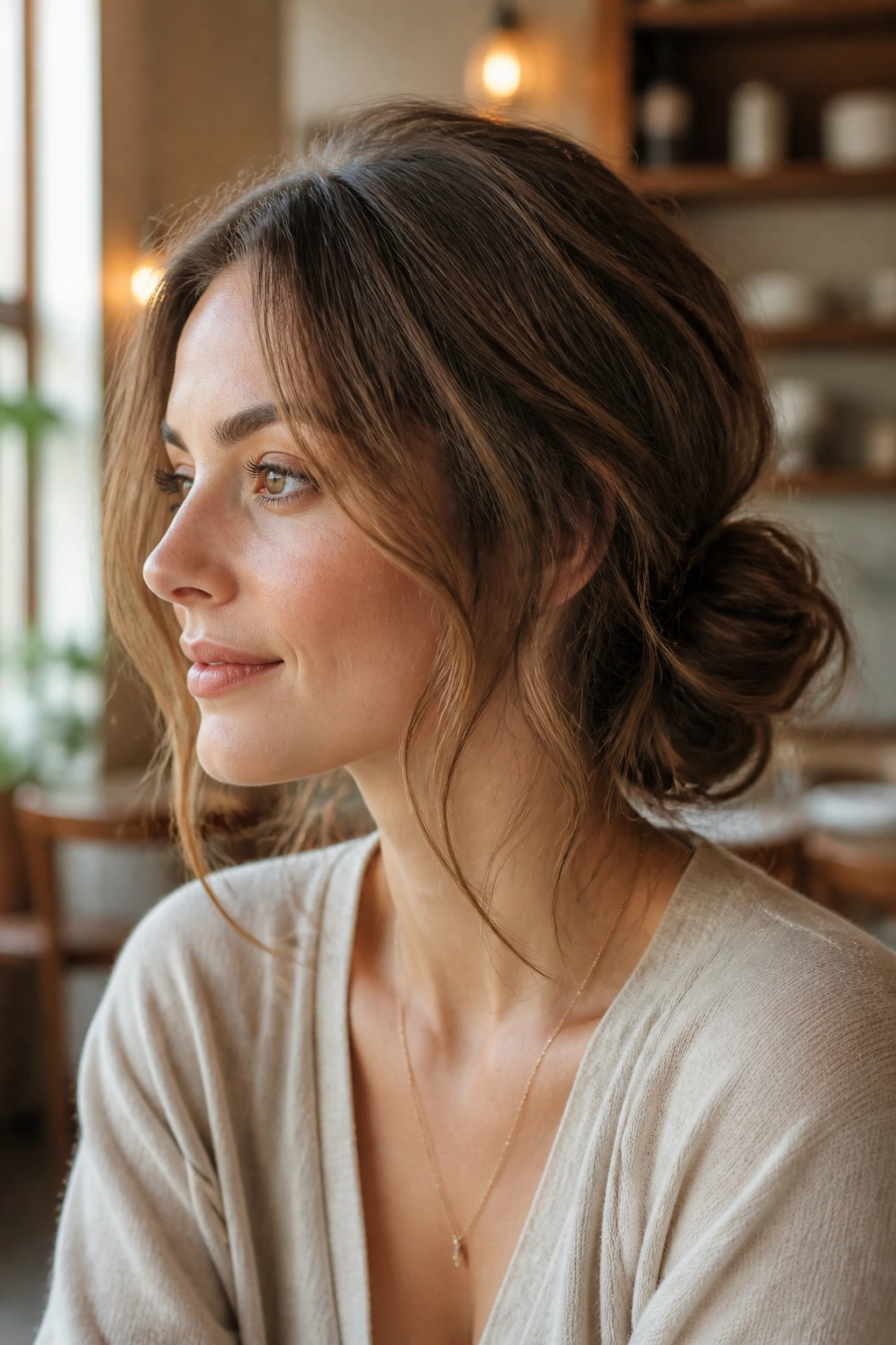 Portrait of a real woman with a messy low chignon at the nape
