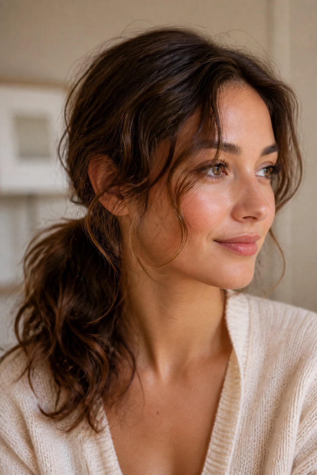 Real woman with a messy low pony and soft waves framing the face.