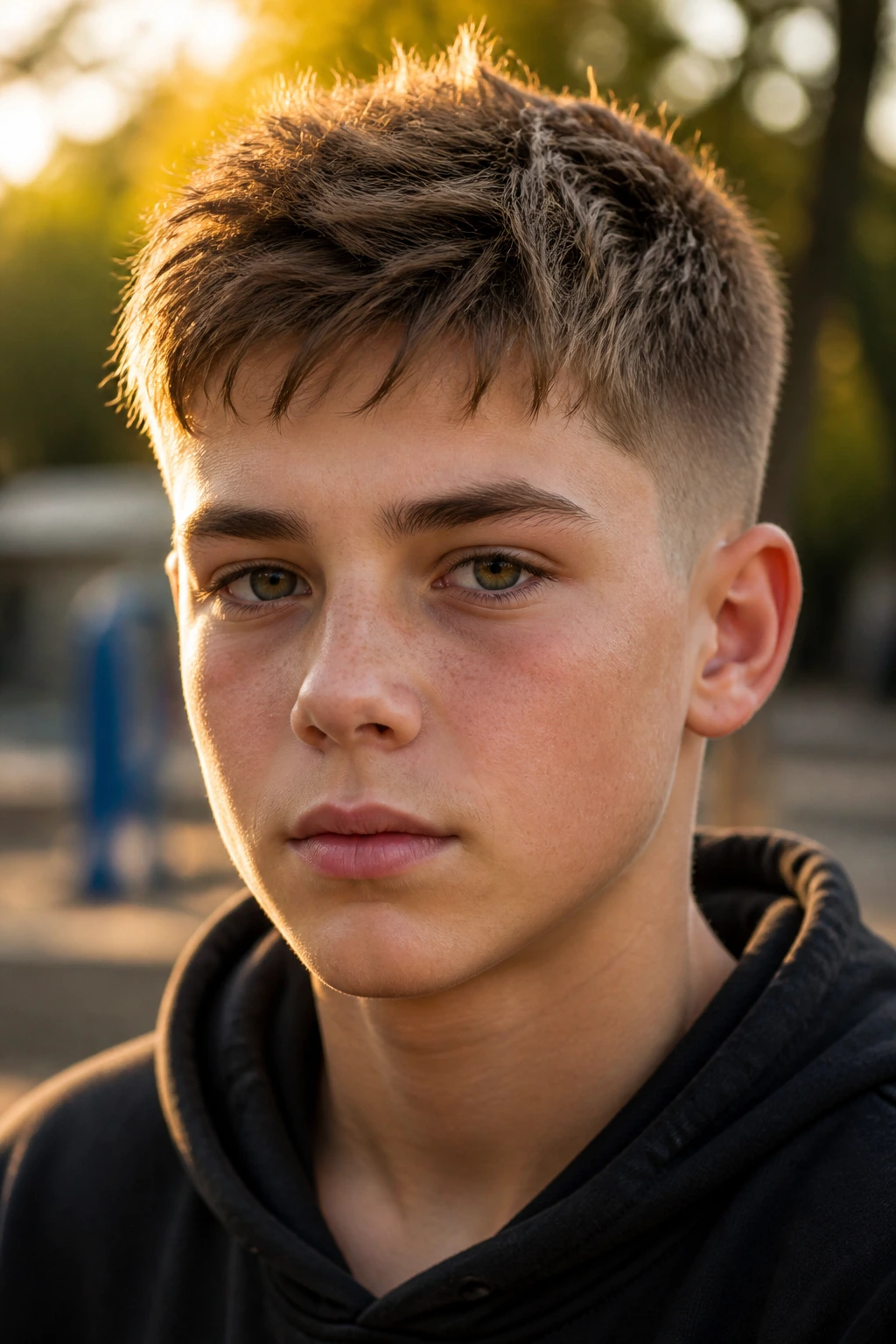 Close-up of a real boy with a messy matte crew cut in a sunny outdoor setting