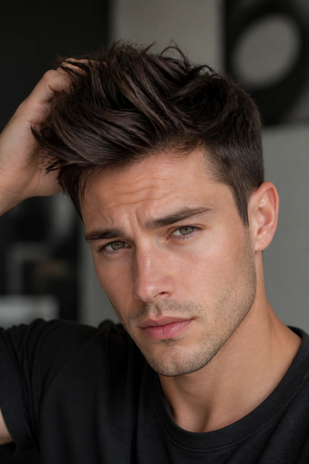 Close-up of a real person with a messy matte quiff and natural texture.
