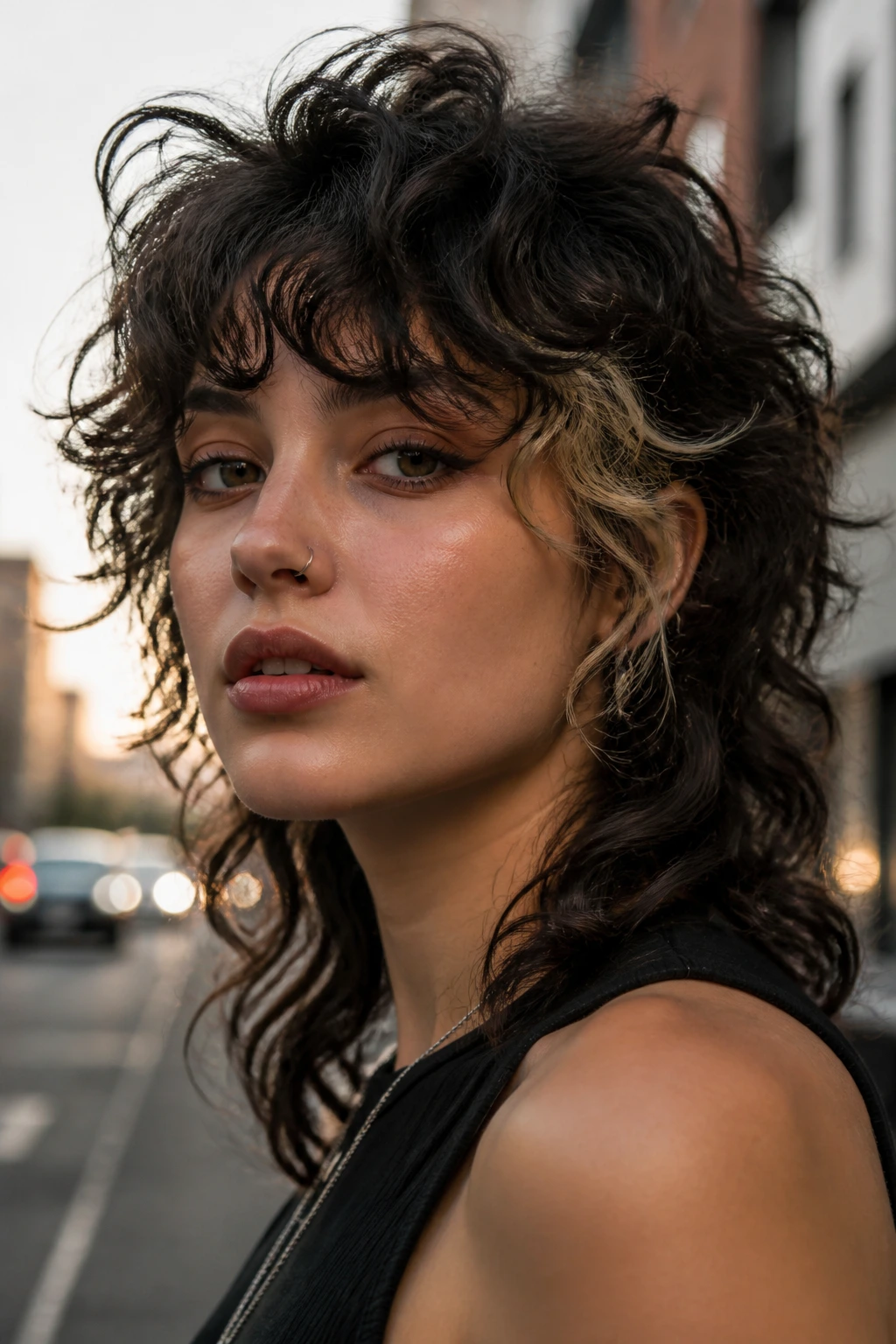 Close-up of a real woman with a curly mullet and temple lights in daylight