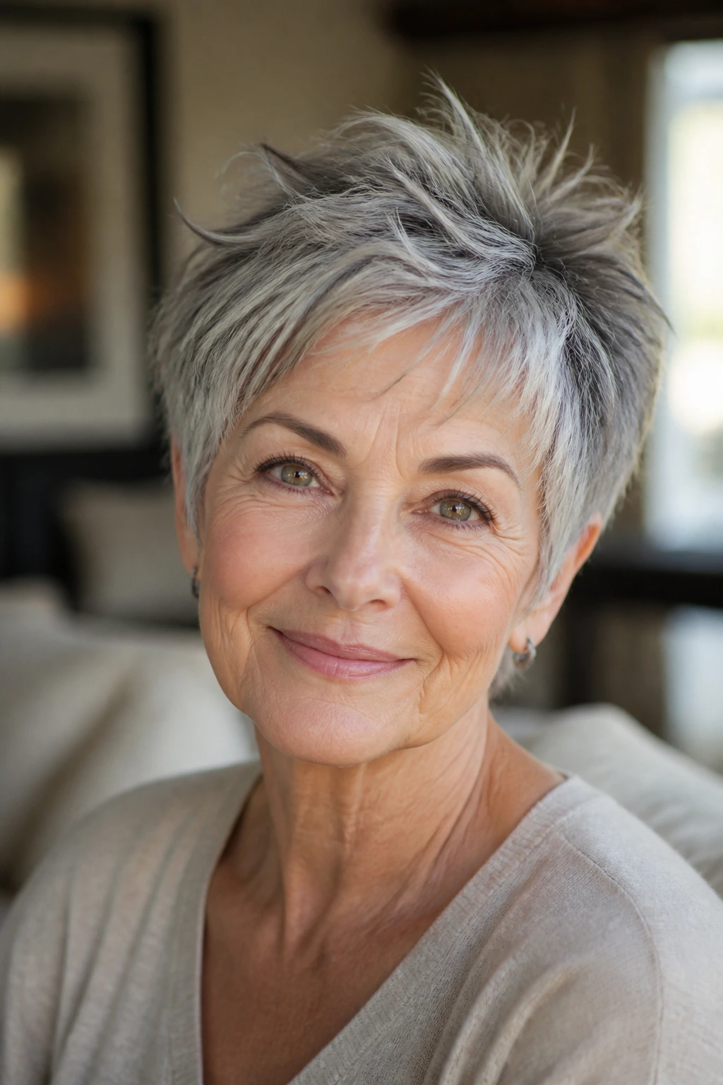 Older woman with textured messy pixie showing movement in gray hair