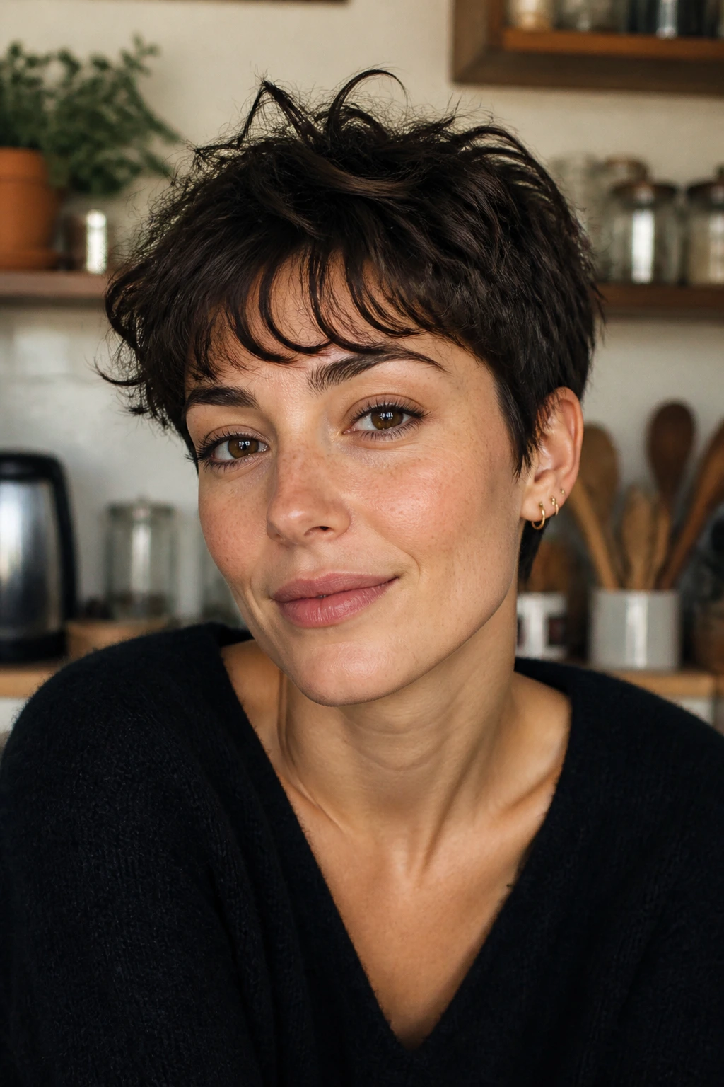 Portrait of real woman with messy French-girl pixie fringe