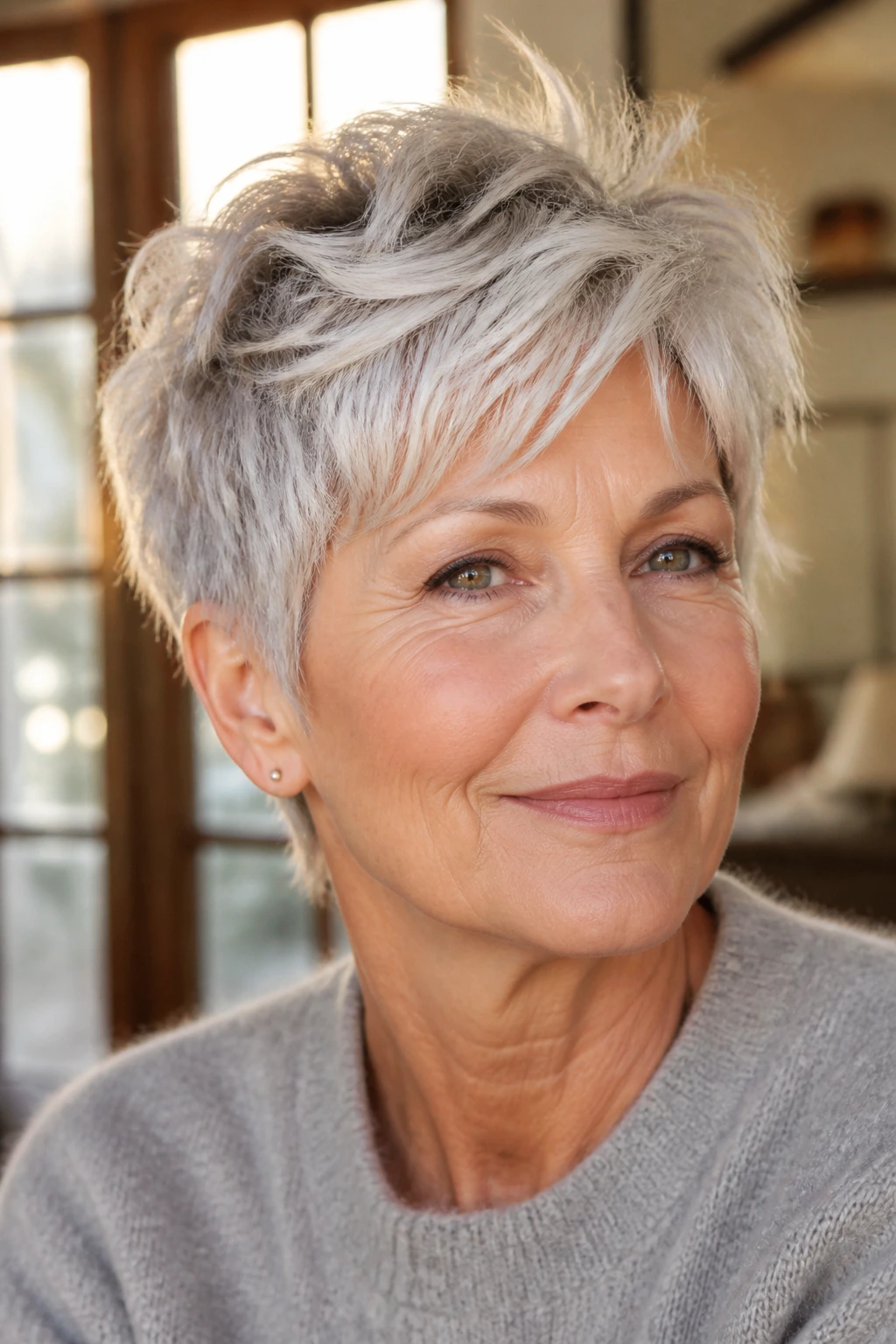 Close-up portrait of a 60+ woman with a short textured pixie