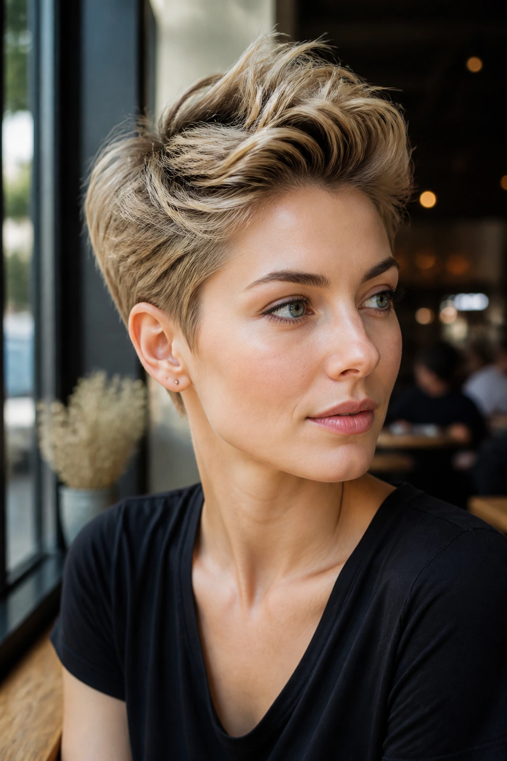 Close-up of a real person with a messy pompadour pixie style in daylight