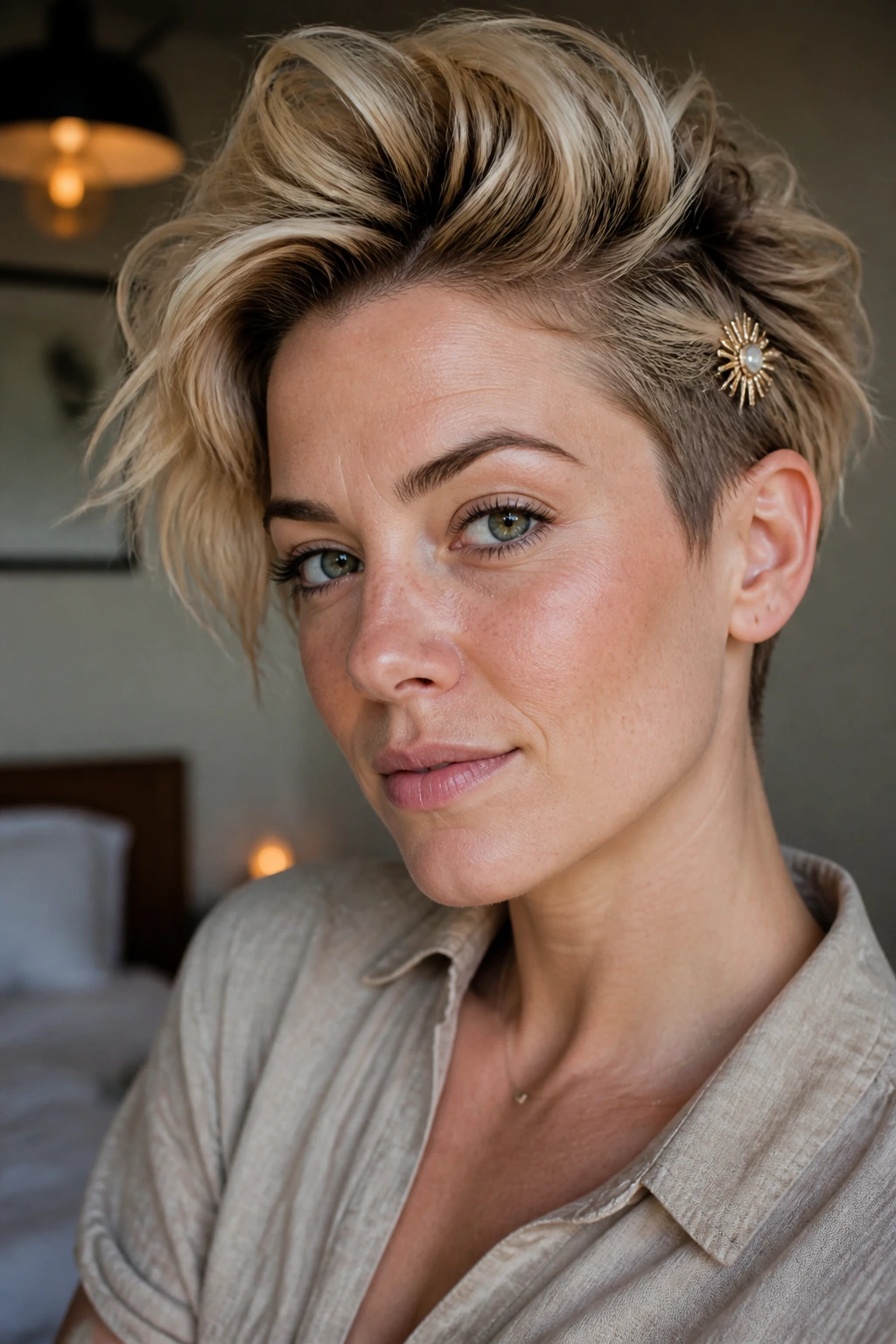 Close-up of messy quiff with barrette pinning one side