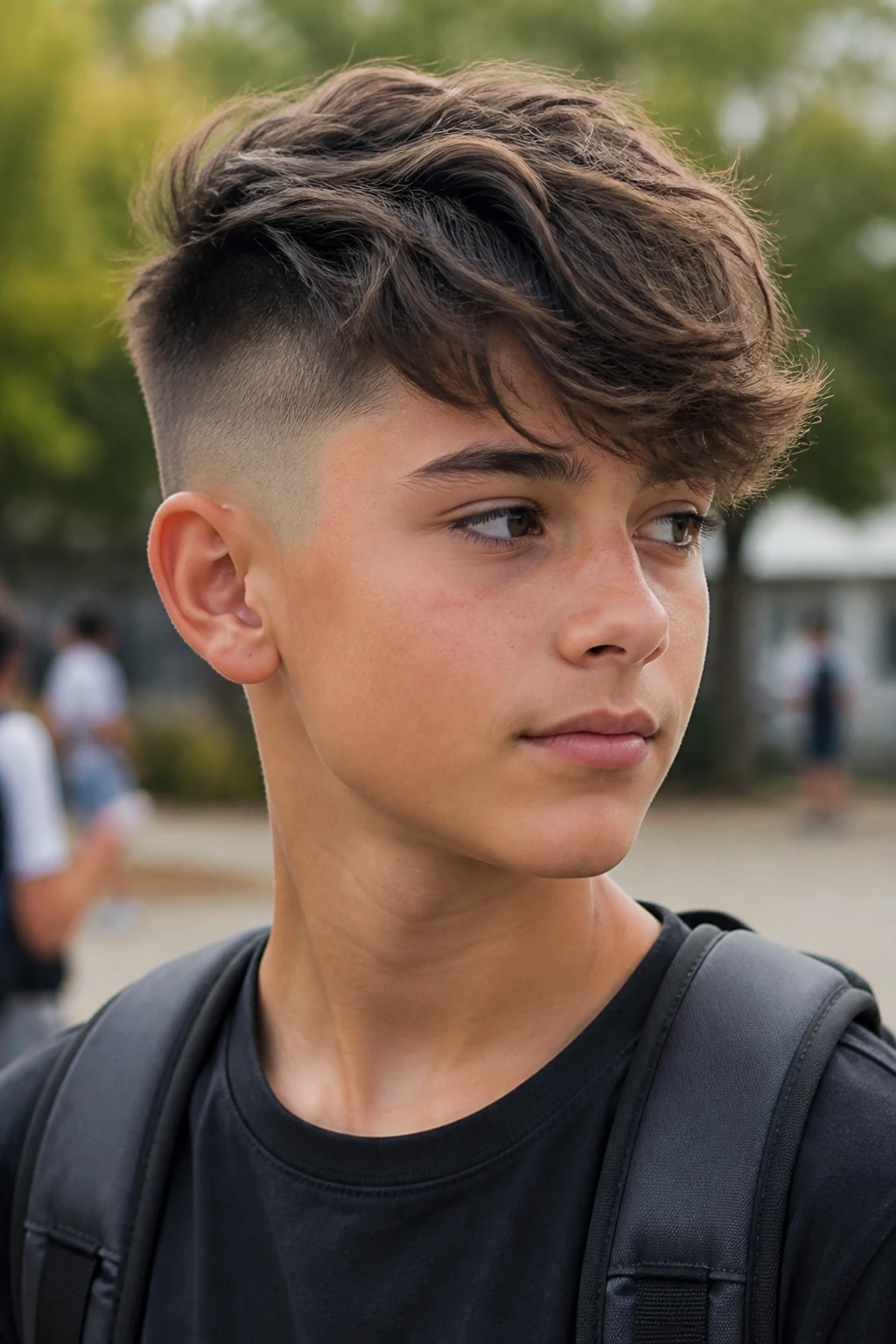 Close-up portrait of a real boy with a messy quiff undercut in natural light