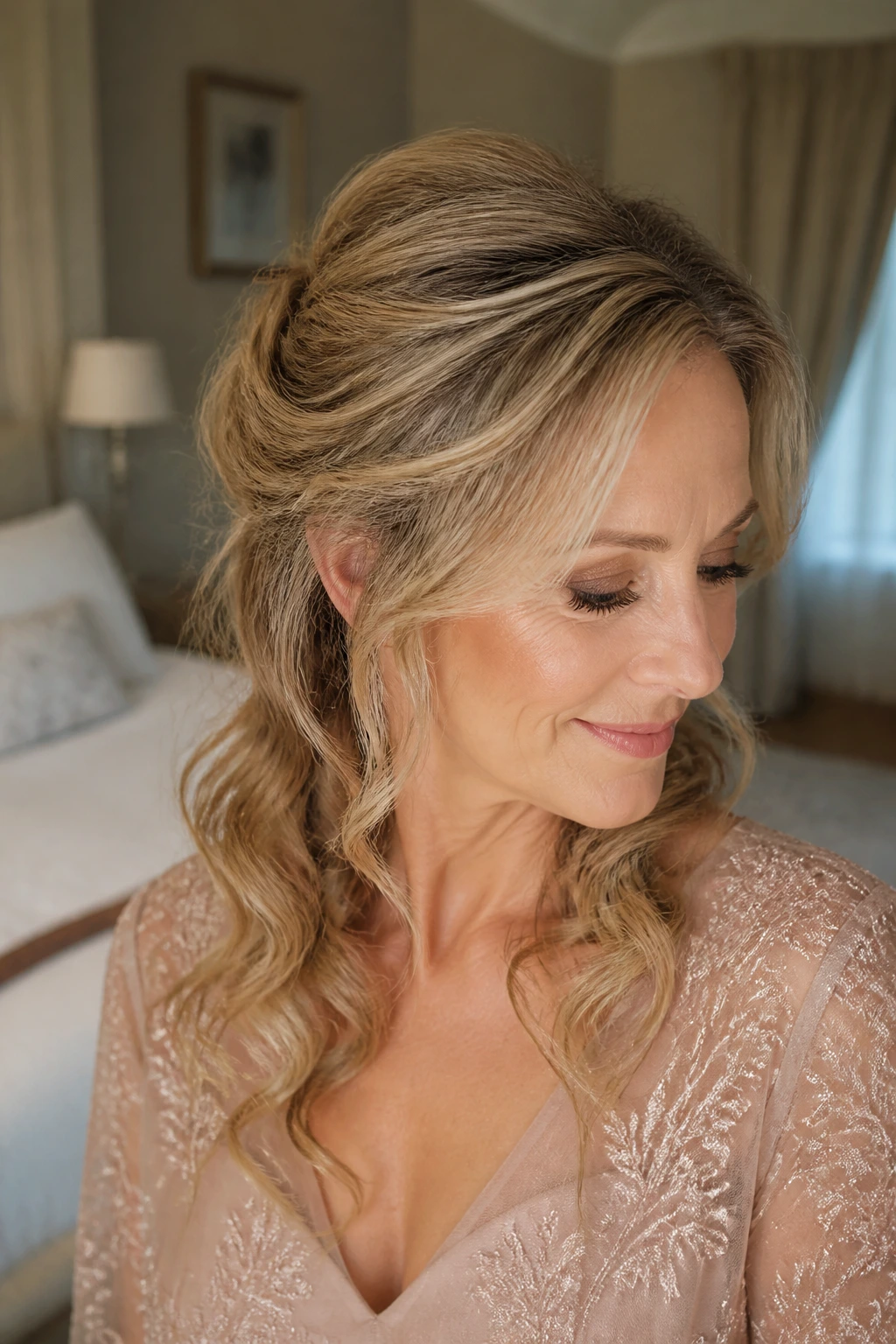Close-up of a real woman in a messy romantic half-up hairstyle with crown lift