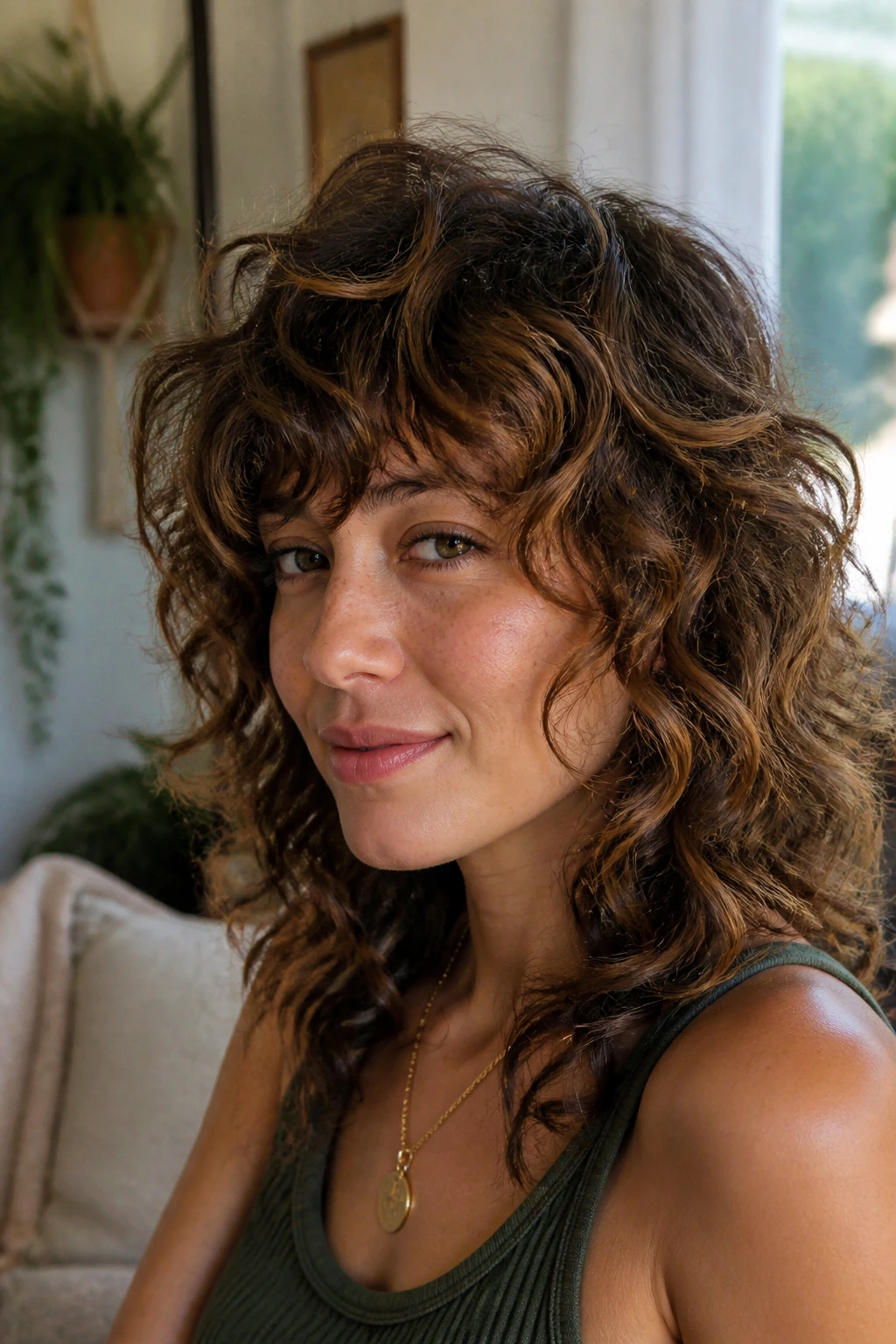 Close-up portrait of a woman with messy midlength shag and big bang panel, natural window light