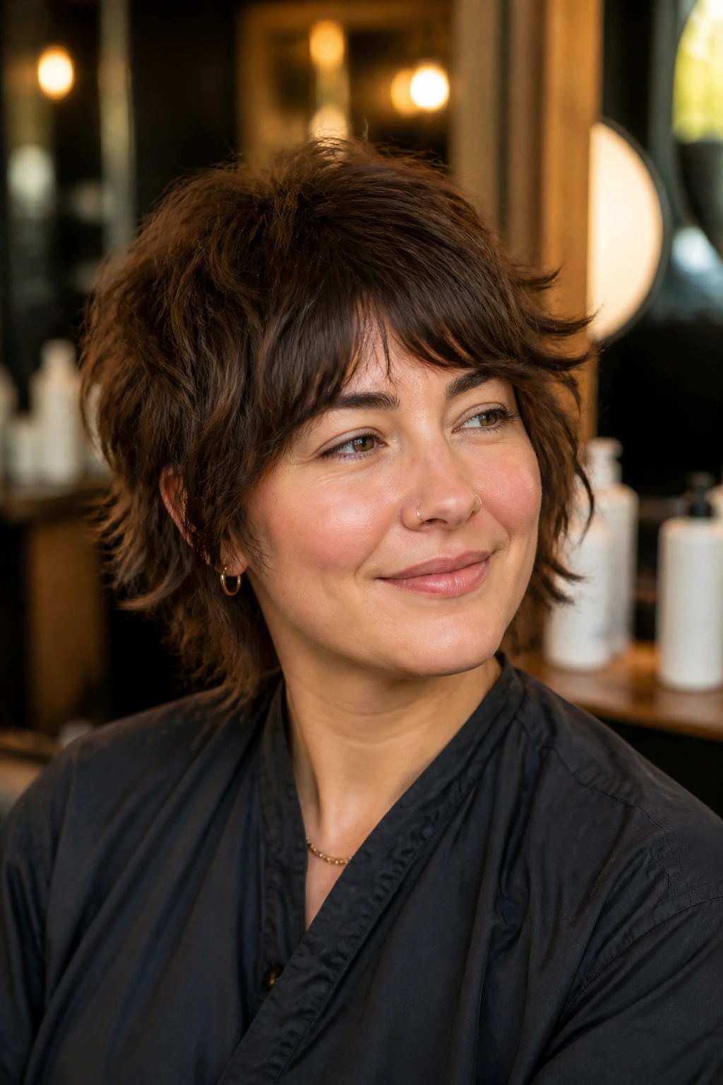 Portrait of a real woman in a salon chair with a messy short shag haircut