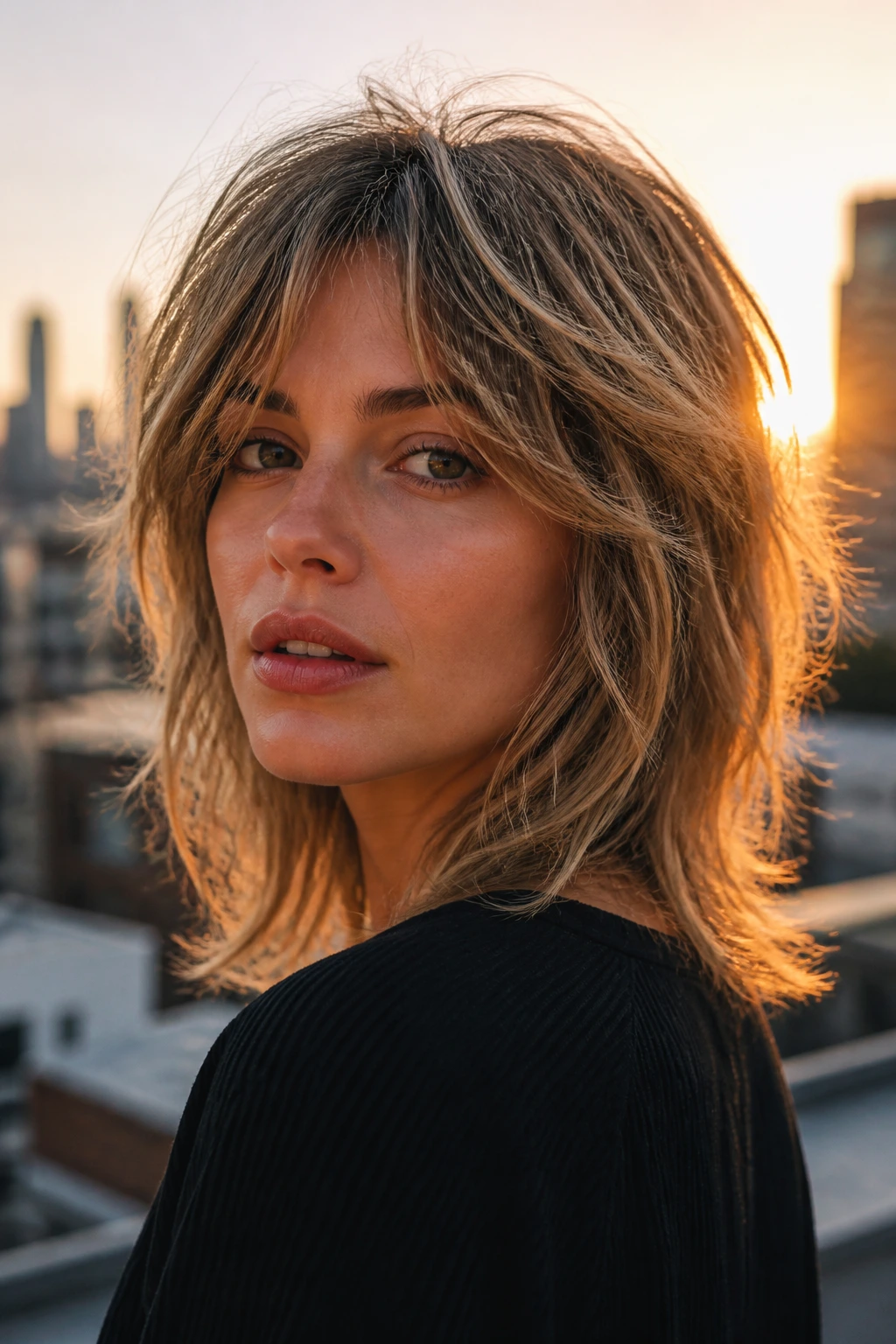 Close-up of a real woman with messy shag waves and face-framing layers