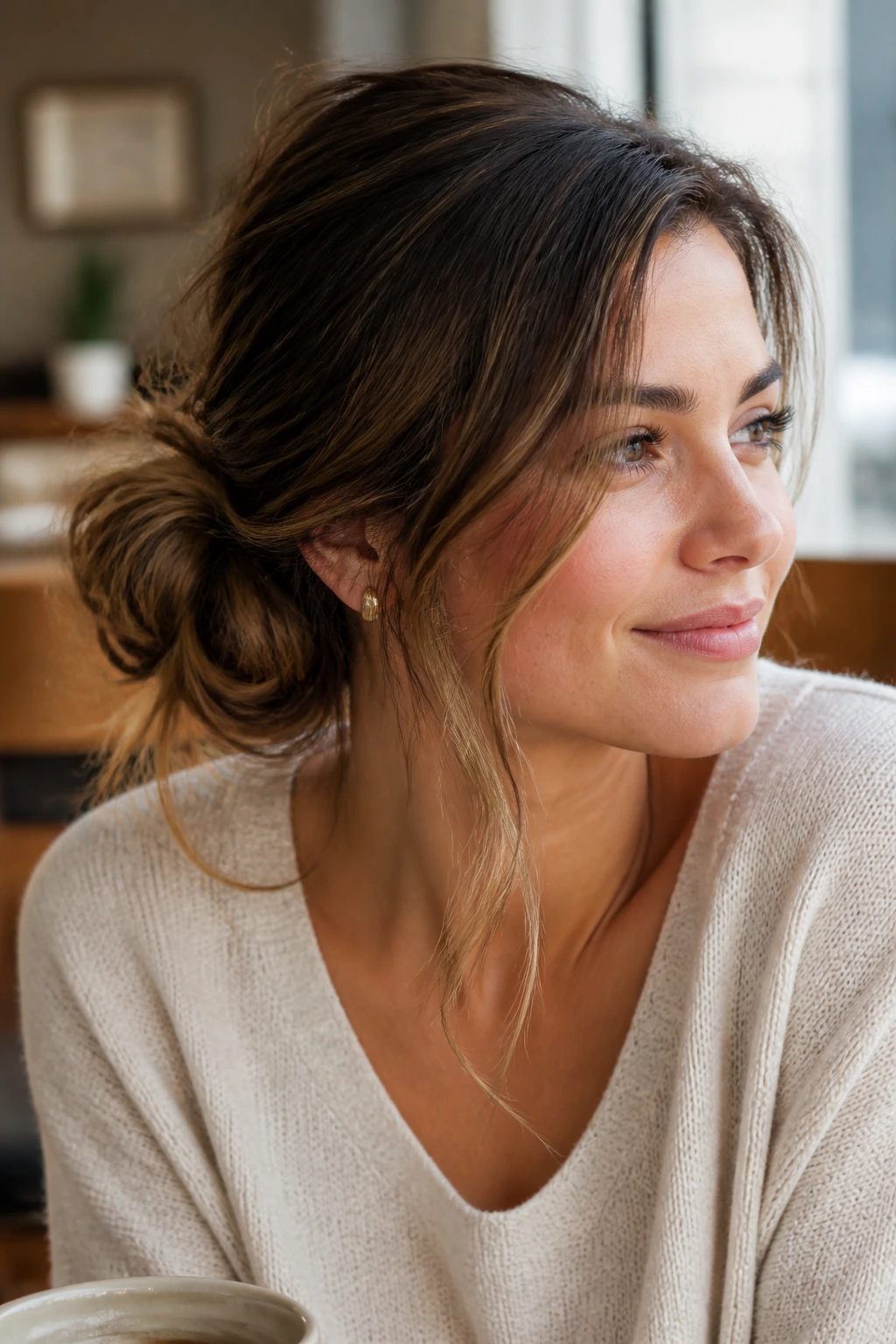 Real woman wearing a loose side chignon with wispy pieces near the temple.