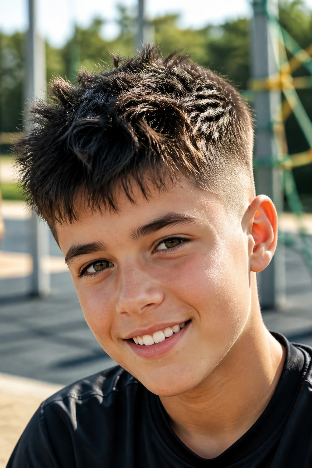 Close-up of a real boy with a messy spiky crop and textured top.