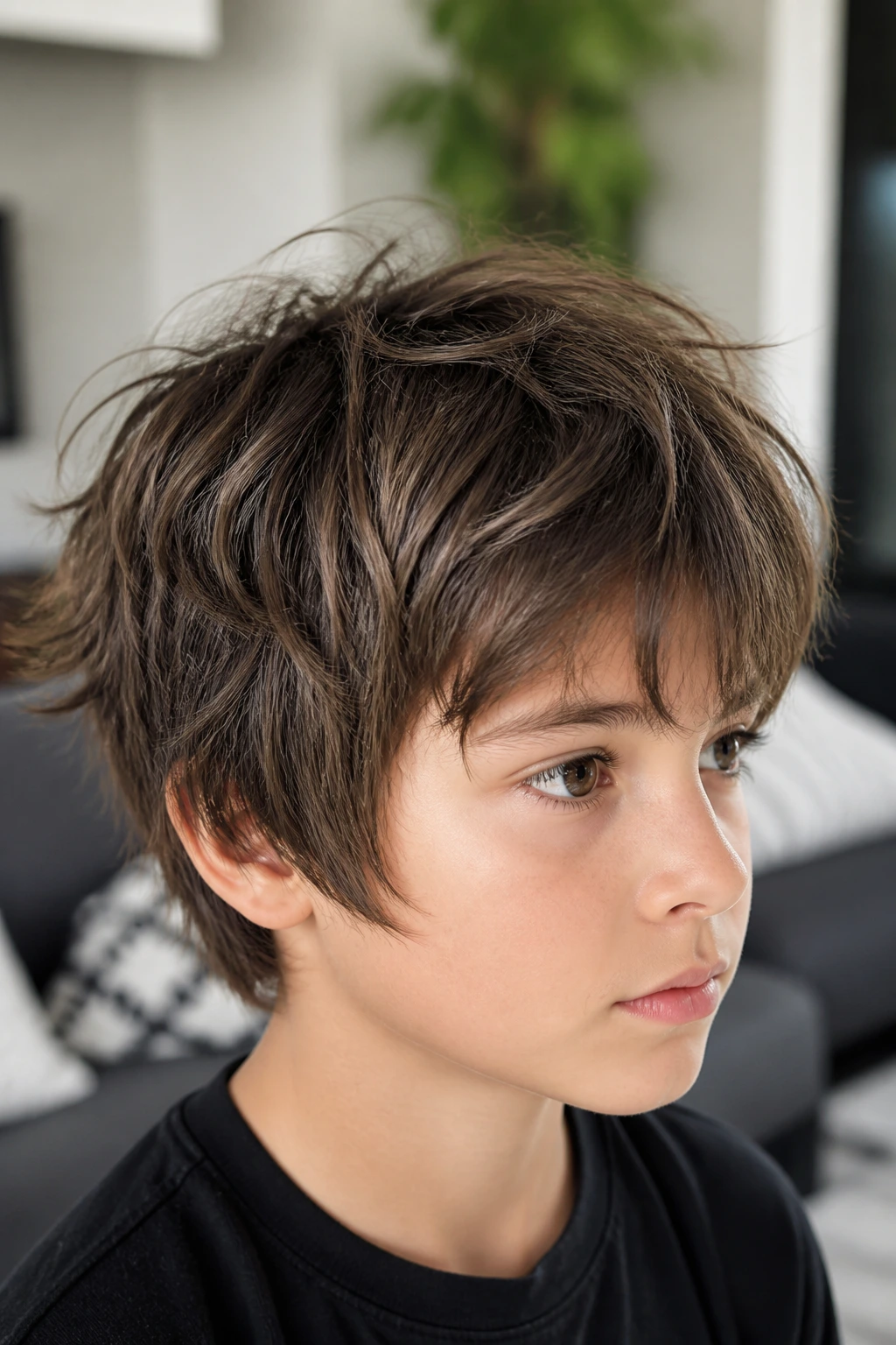 Medium close-up of a boy with messy texture bob and visible cowlicks.