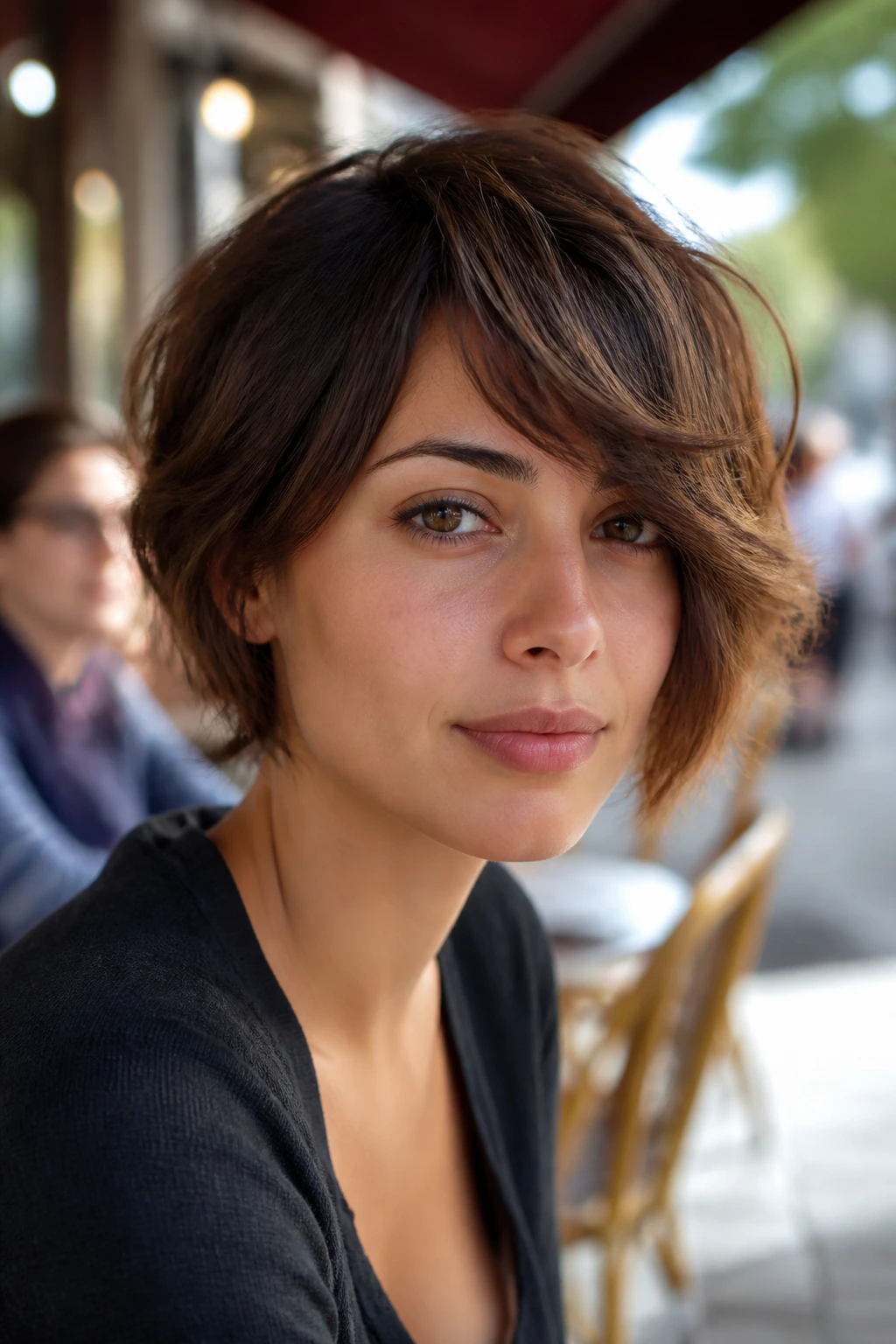 Close-up of a real woman with a messy textured bob and a long diagonal fall