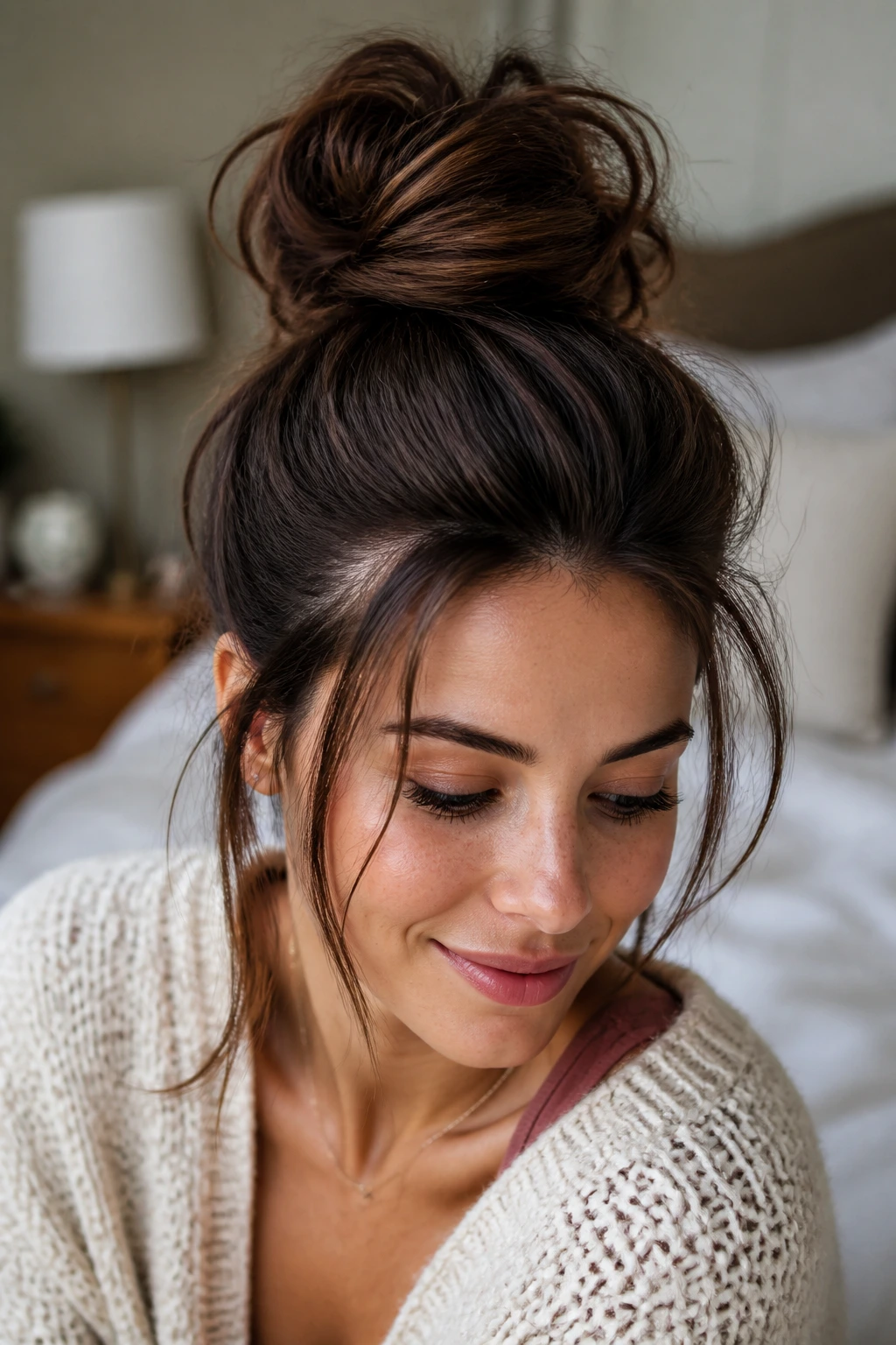Close-up of a real woman with a messy top knot and pillow-soft crown.