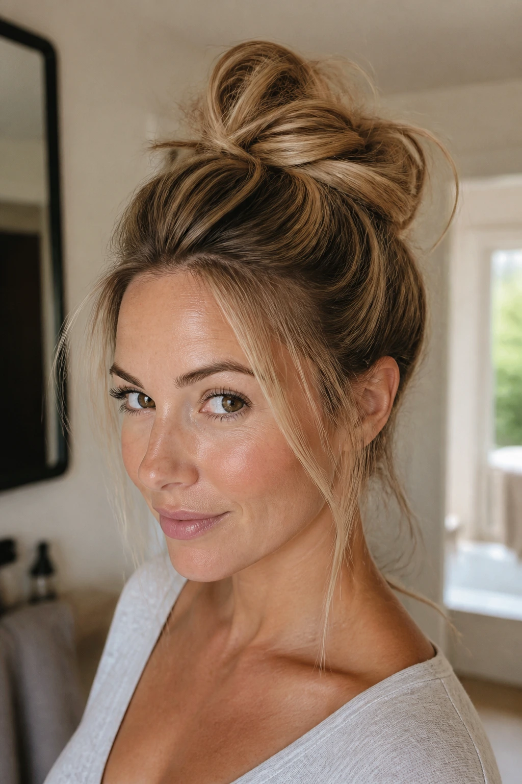 Real woman with a messy top knot and crown lift