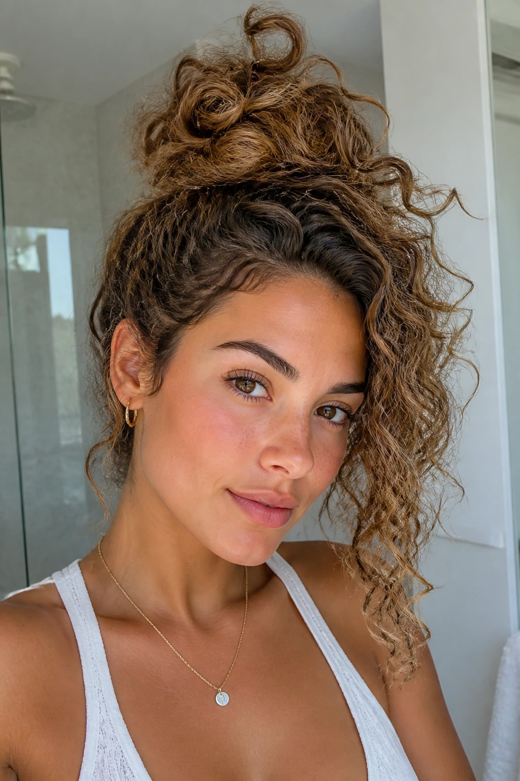 Close-up of a real person with a messy top knot and curly cascade
