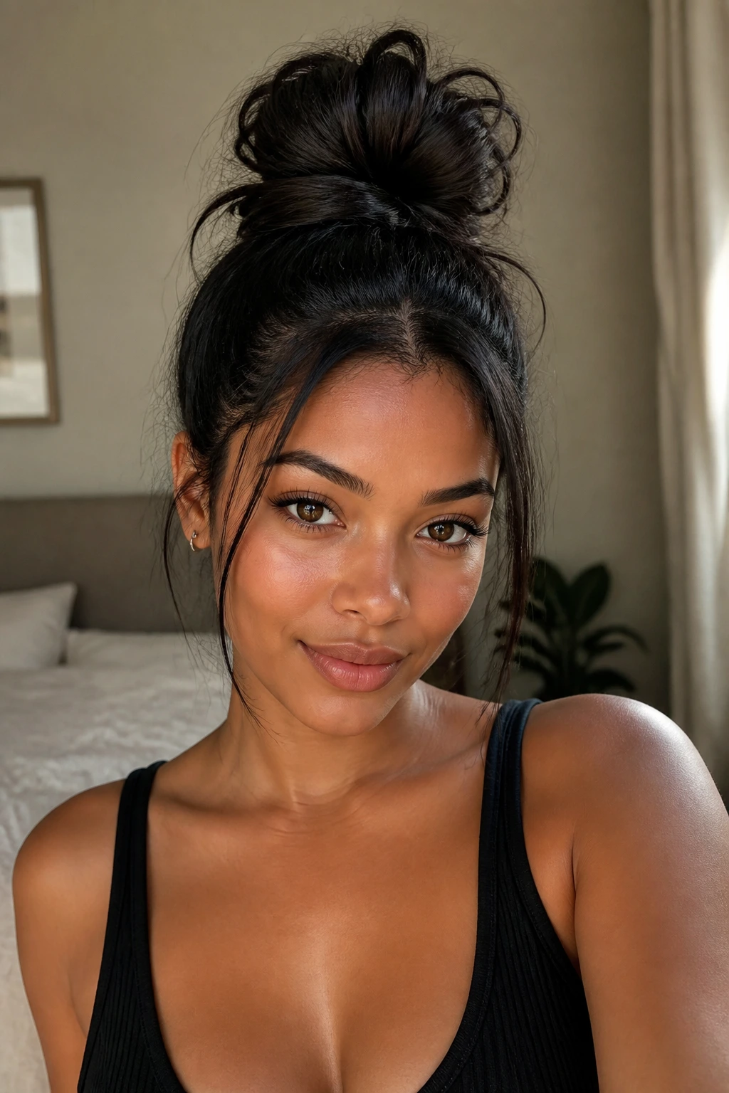 Close-up portrait of a woman with a high messy top knot and face framing pieces