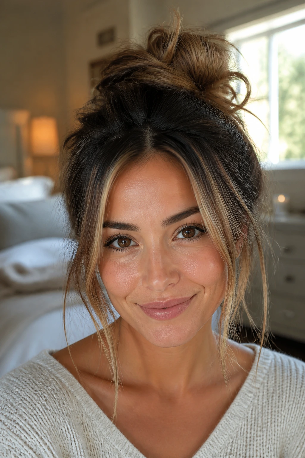 Portrait of a woman with a messy top knot and split front pieces framing her face.