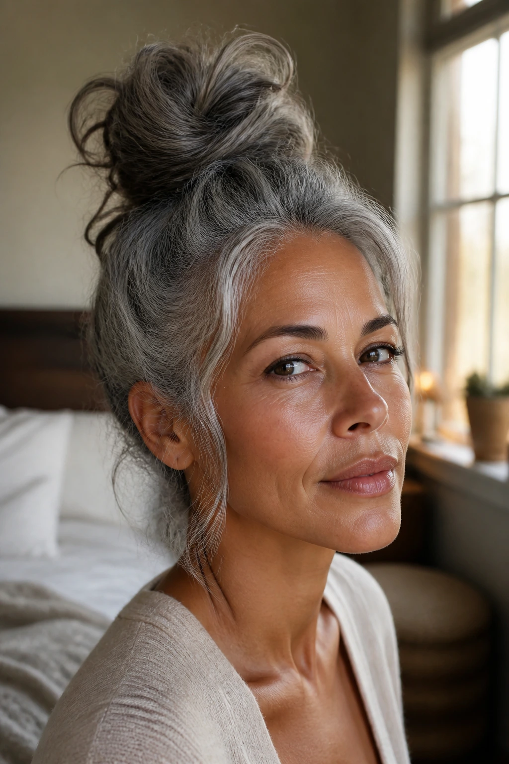 Close-up of a real woman with a messy top knot and soft temples in gray hair, natural light setting