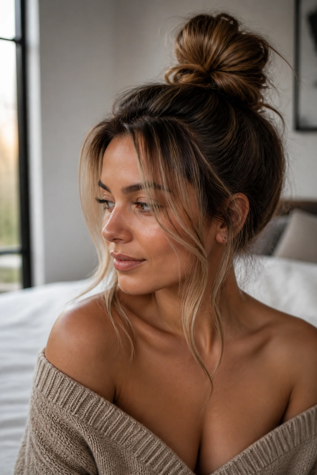 Close-up of a real woman with a messy top knot and loose face-framing pieces