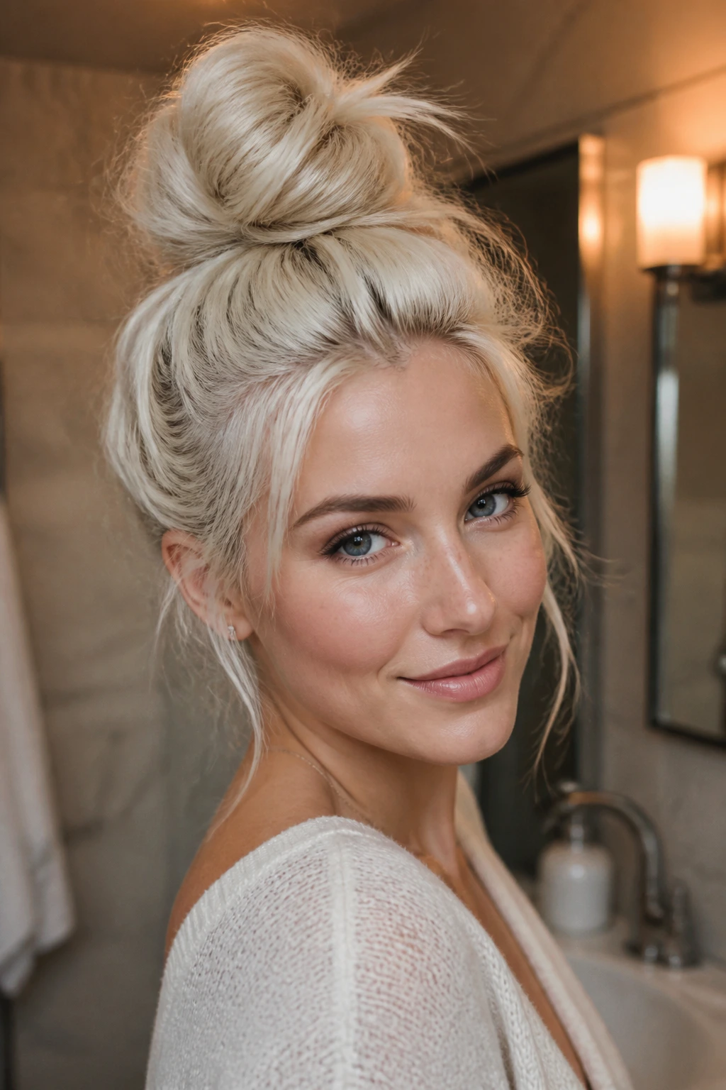Close-up of a real woman with a messy top knot on platinum blonde hair.