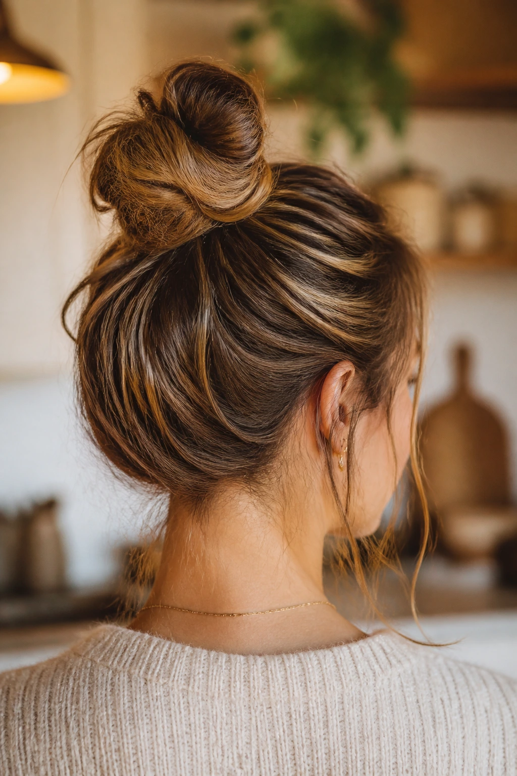 Close-up portrait of a person with a messy top knot and temple pieces