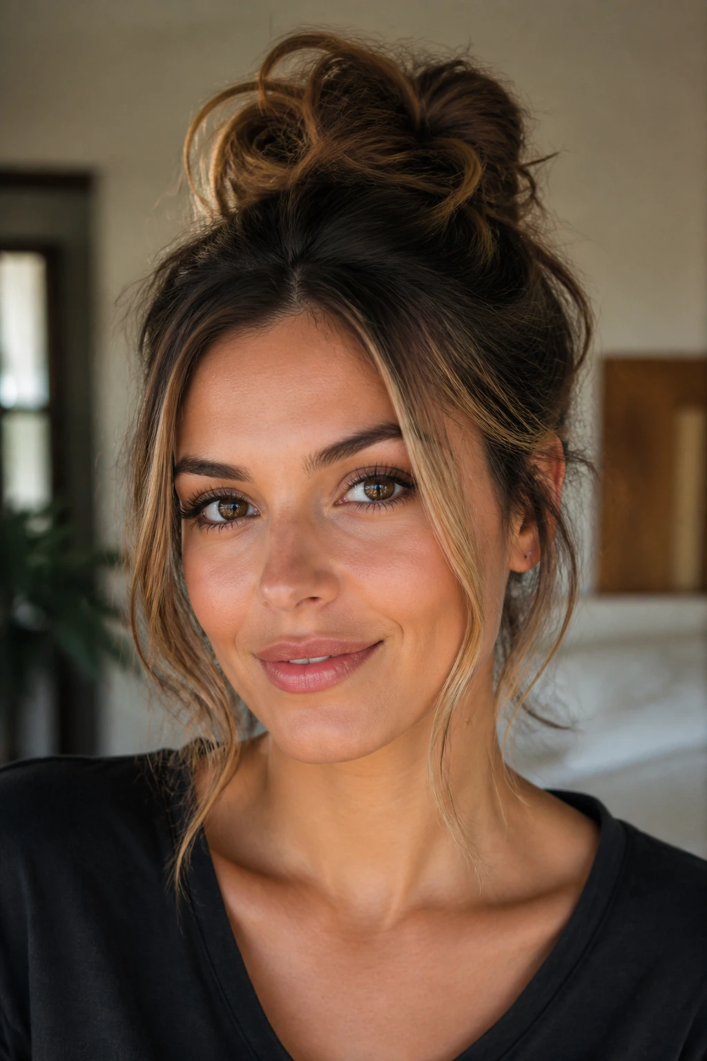 Close-up portrait of a woman with a messy top knot and face-framing tendrils.