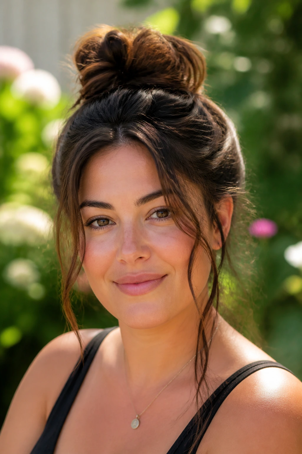 Close-up of a real woman with a messy top knot and long tendrils outdoors in sunlight