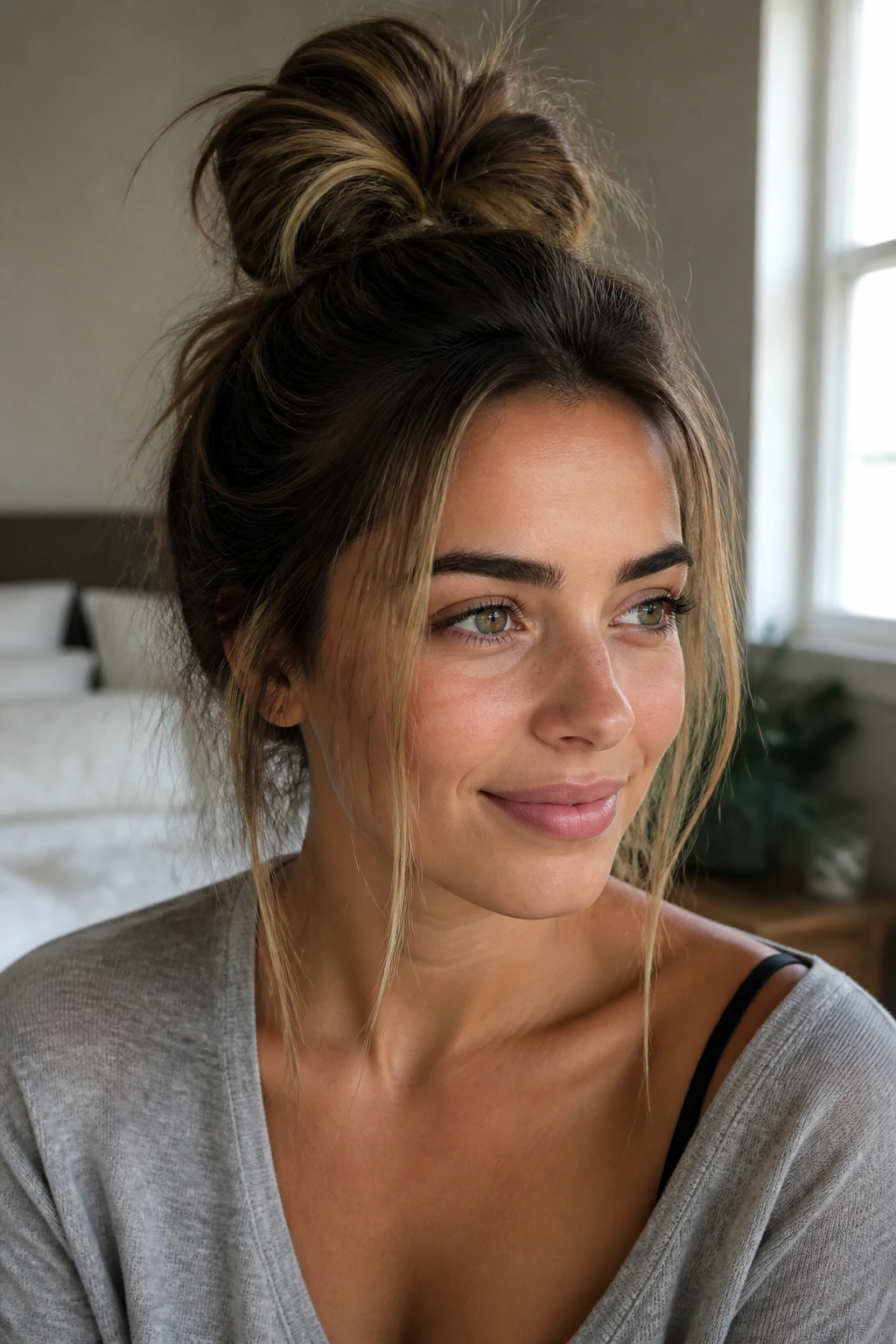 Portrait of a woman with a messy top knot and light-tipped tendrils.