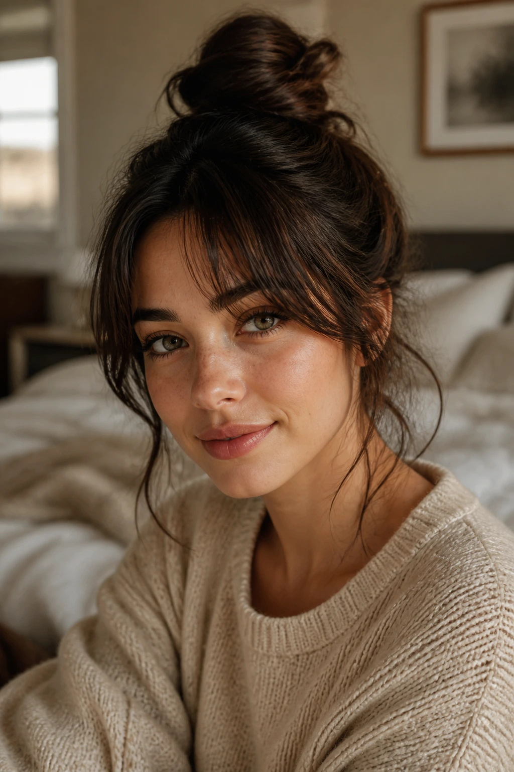 Close-up of a real woman with a high messy top knot and soft tendrils around the face