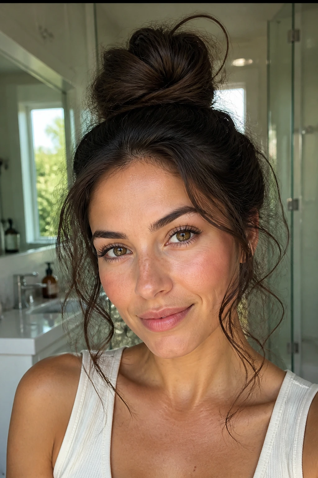 Close-up of a woman with a messy top knot and loose tendrils