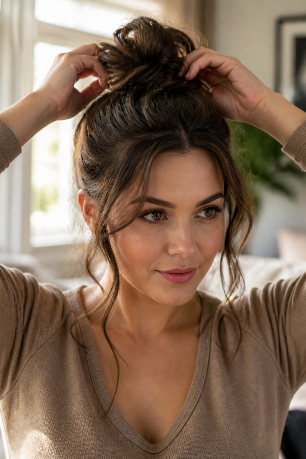 Woman with a high messy top knot and tendrils framing the face